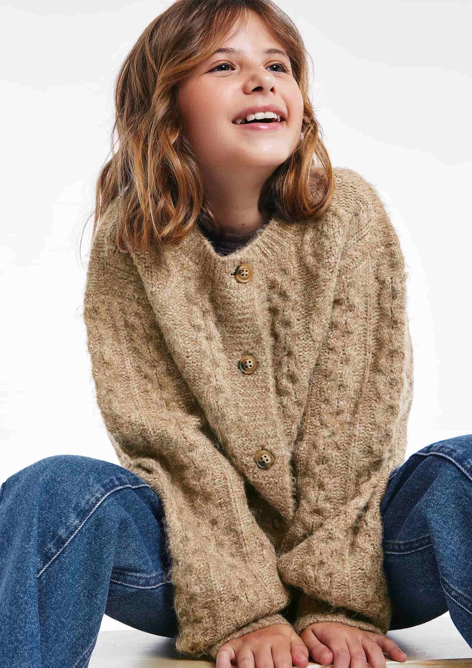 Cardigan Infantil Menina em Tricô Trançado - Bege