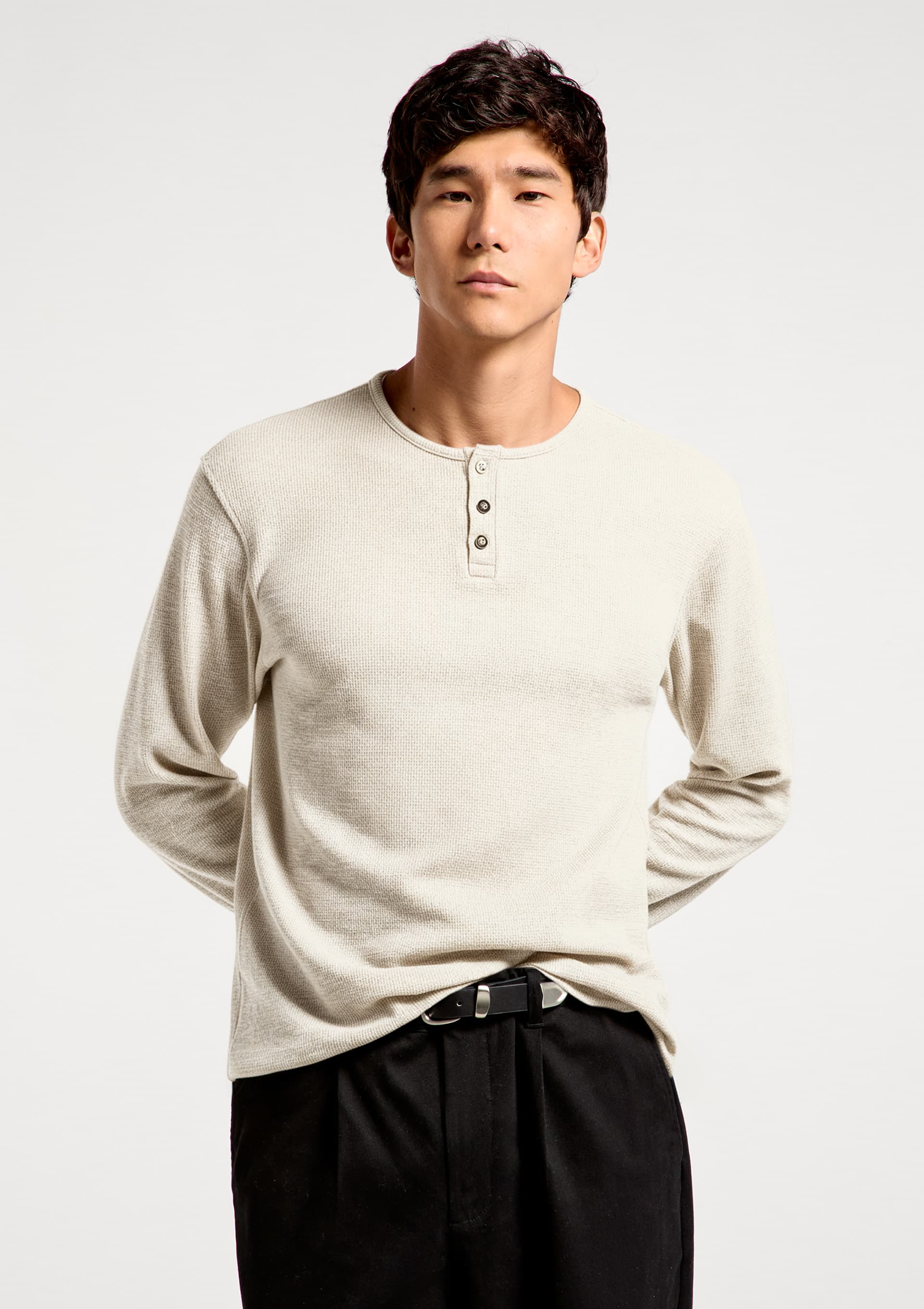 Camiseta Masculina Henley Malha Thermal Algodão - Off white