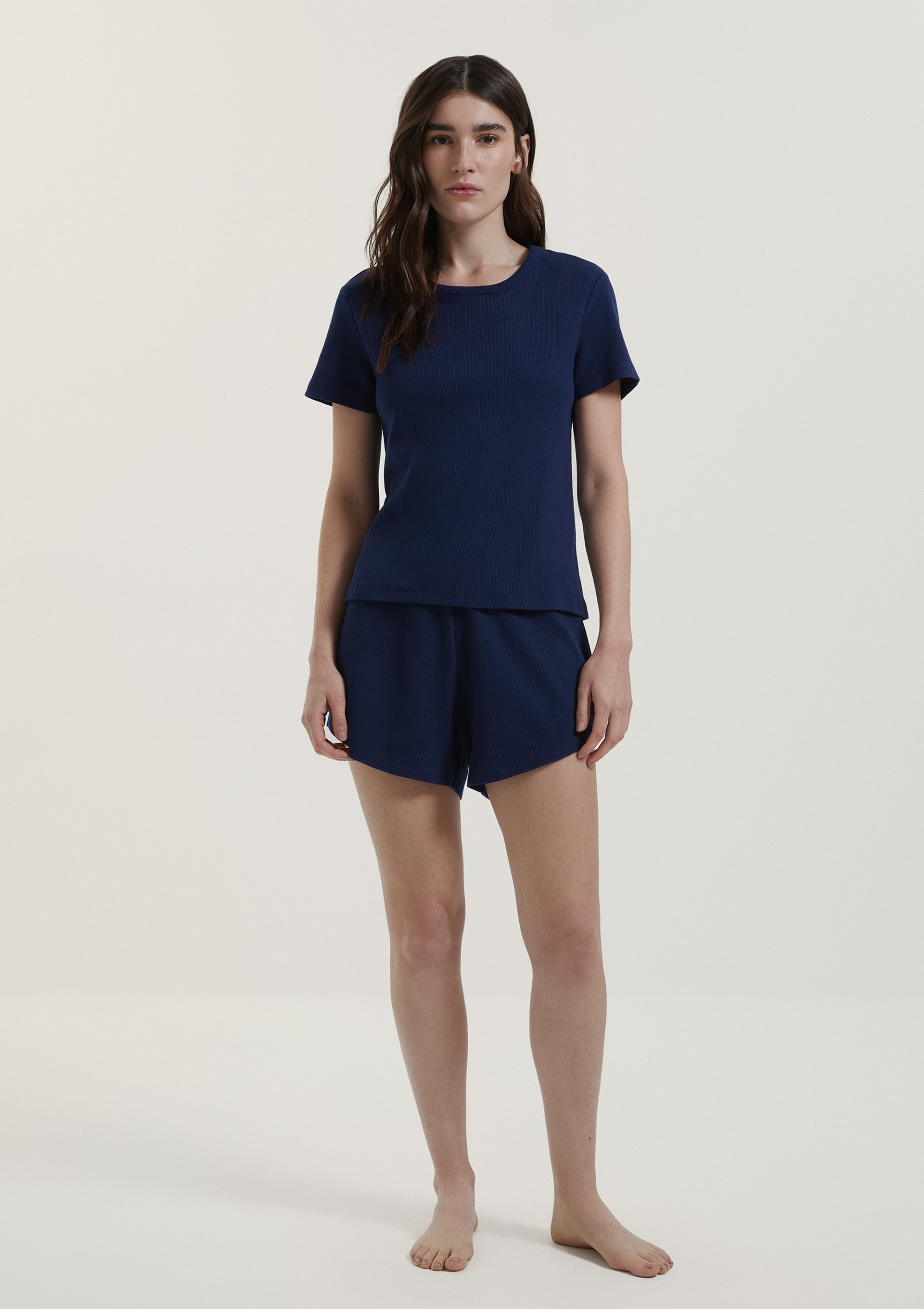 Pijama Curto Feminino Em Ribana Canelada - Azul