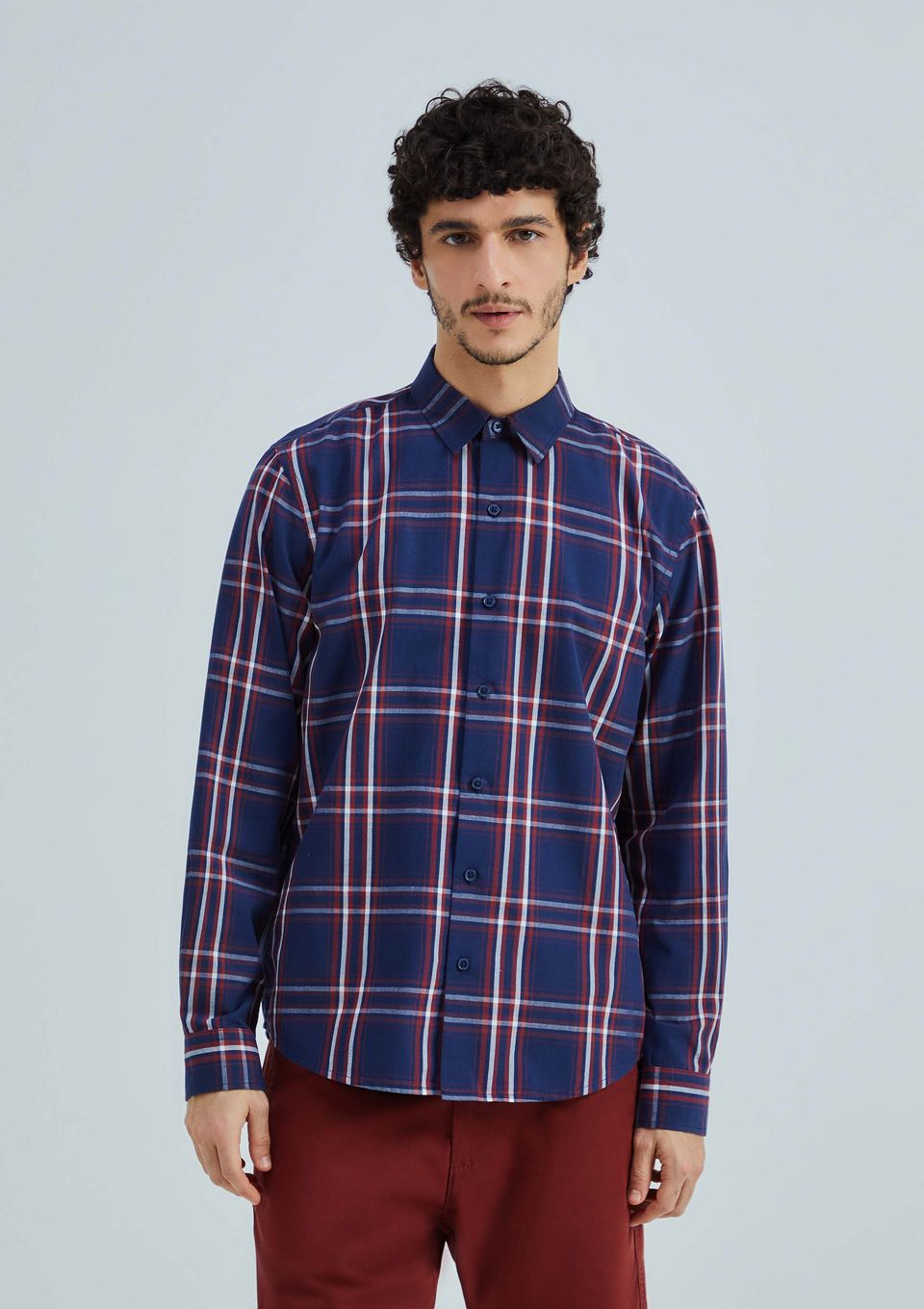 Camisa Masculina Manga Longa Xadrez - Azul