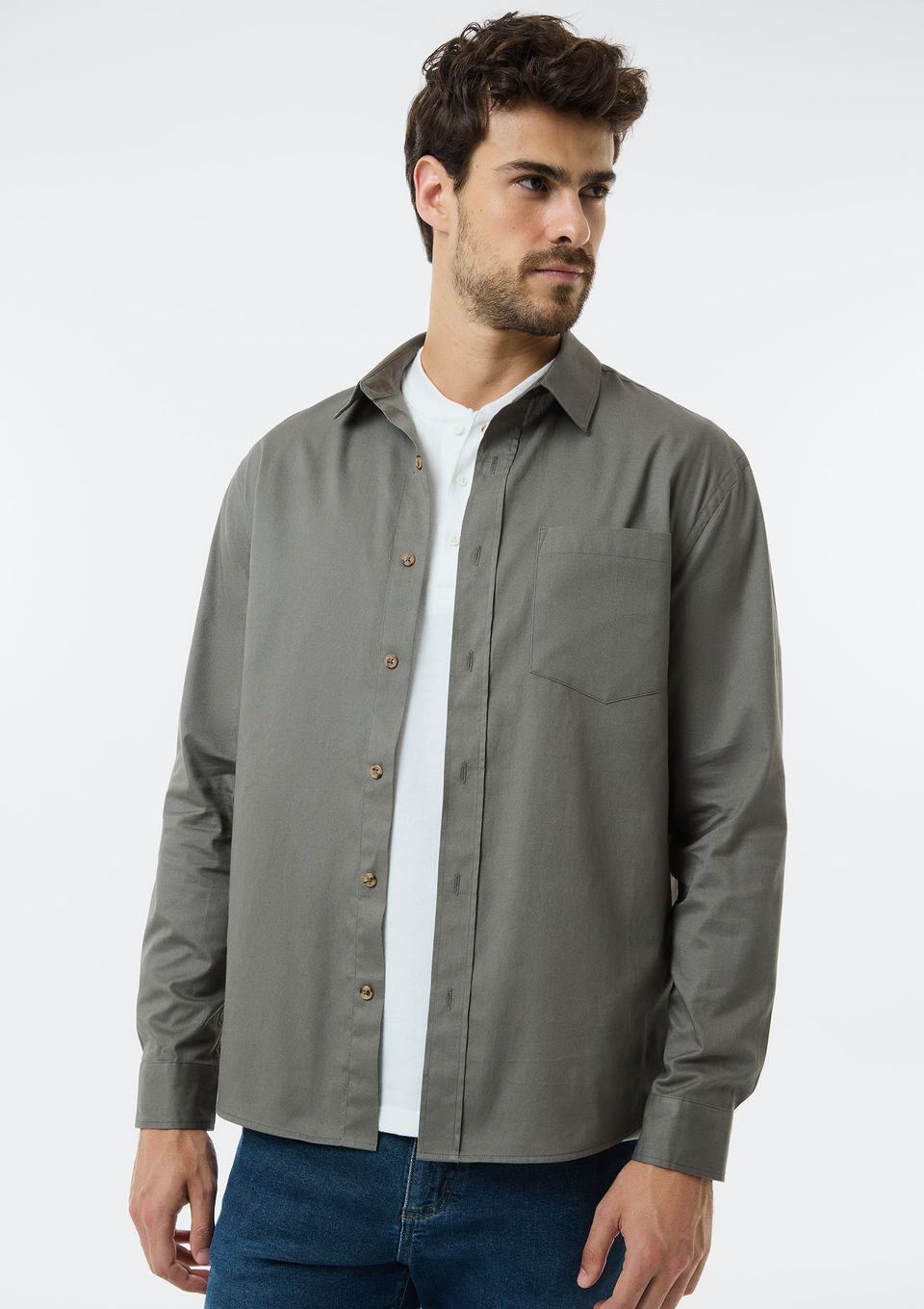Camisa Masculina Comfort em Sarja - Verde