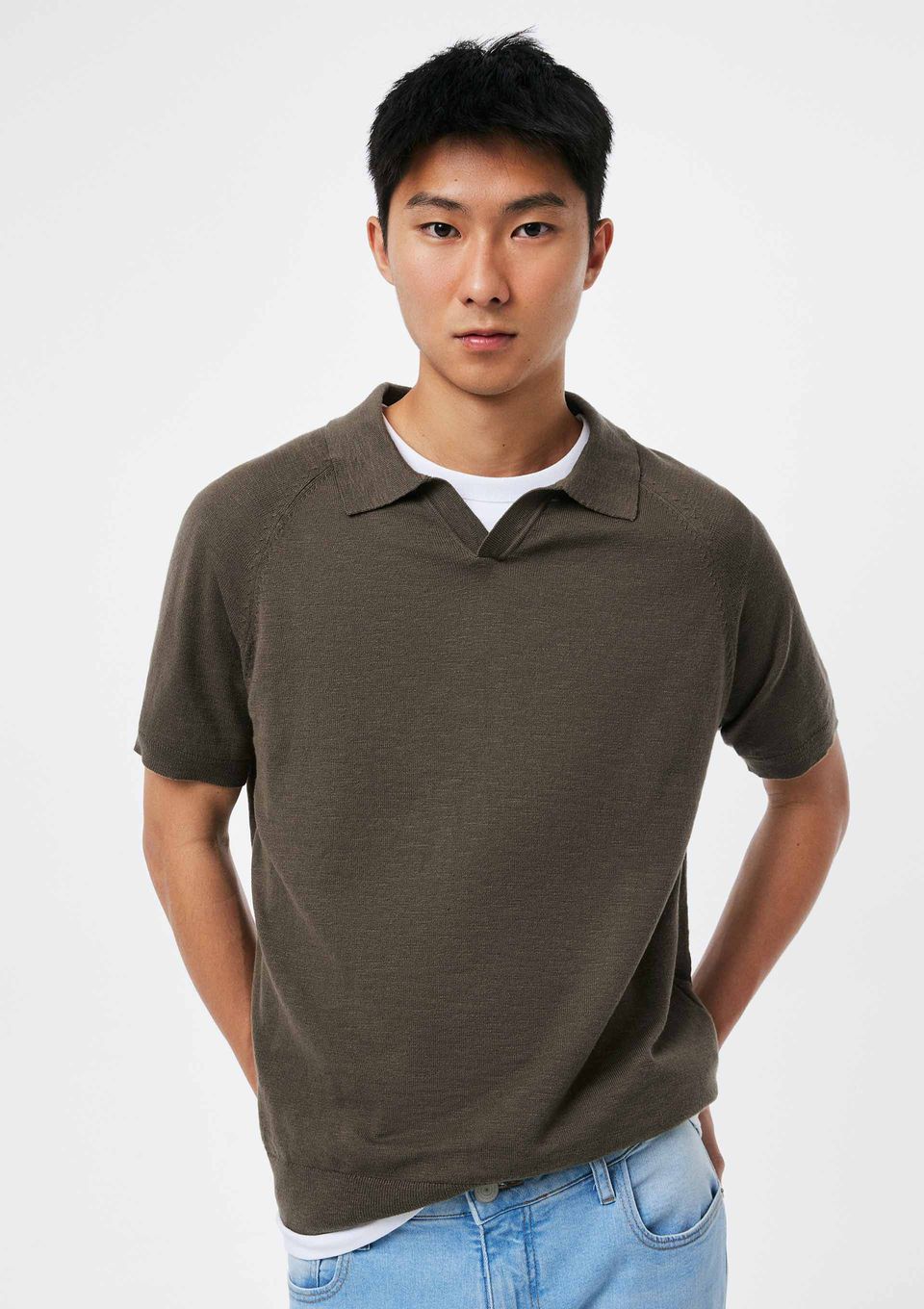 Polo Masculina em Tricô Flamê - Marrom