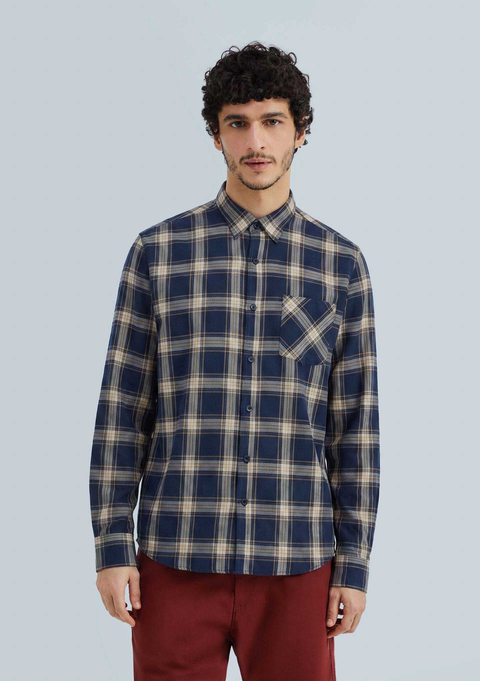 Camisa Masculina Manga Longa Xadrez - Azul