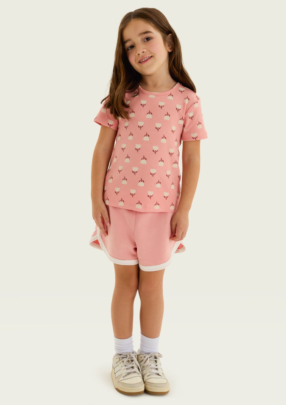Blusa Infantil Menina Manga Curta em Ribana Estampada - Rosa