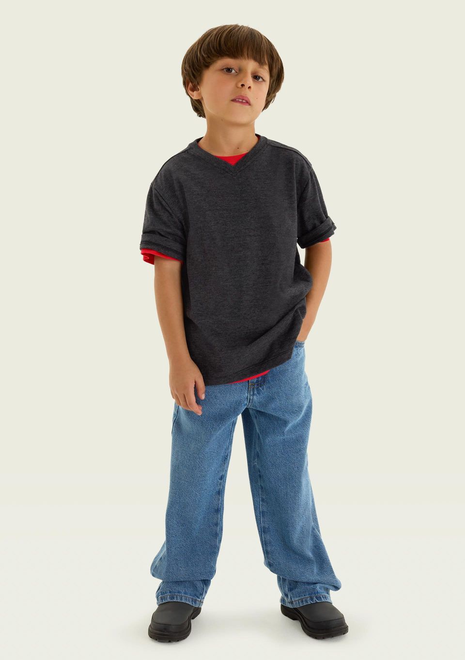 Camiseta Infantil Menino Manga Curta Gola V - Cinza