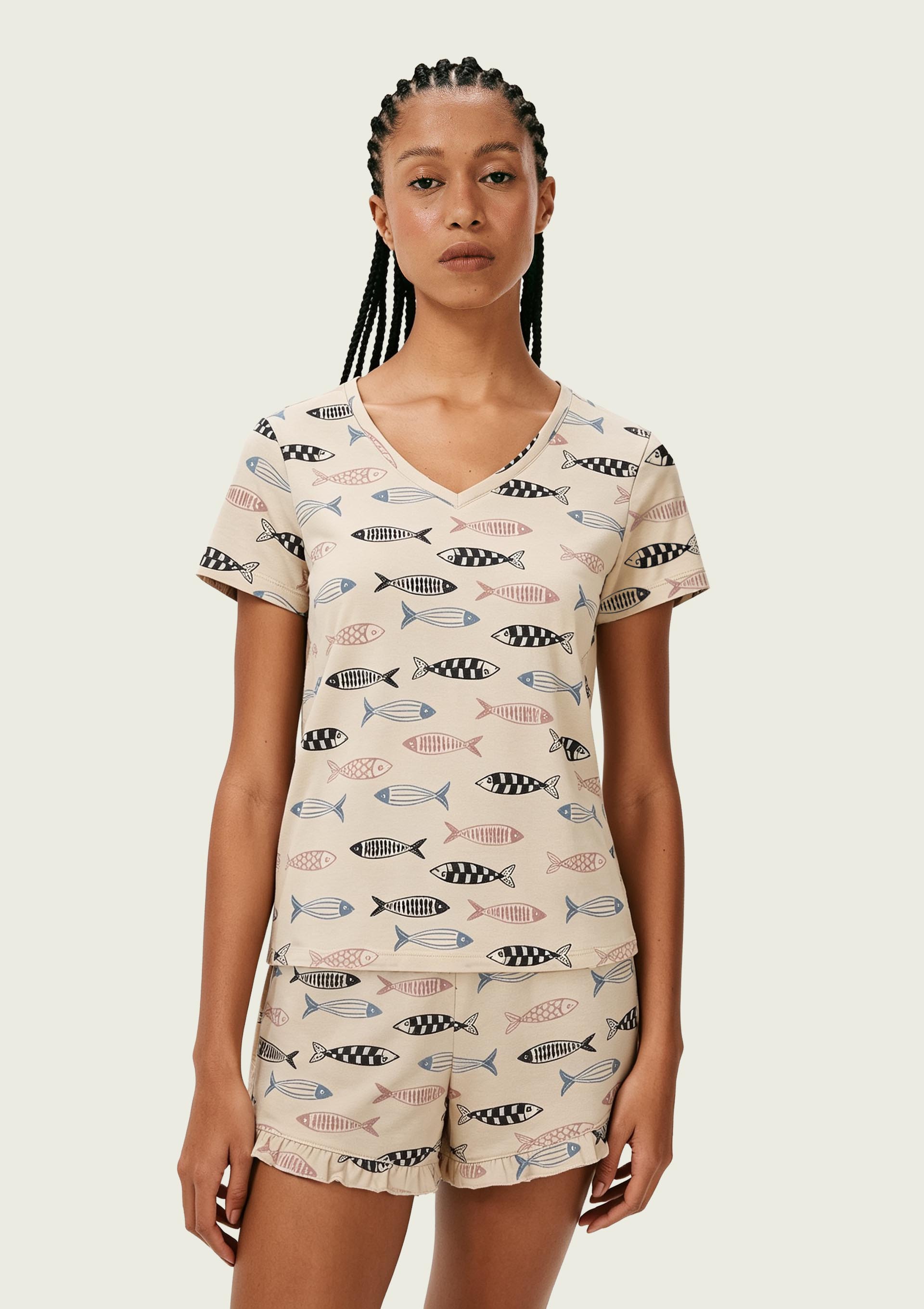 Pijama Curto Feminino Estampado Decote V - Off white