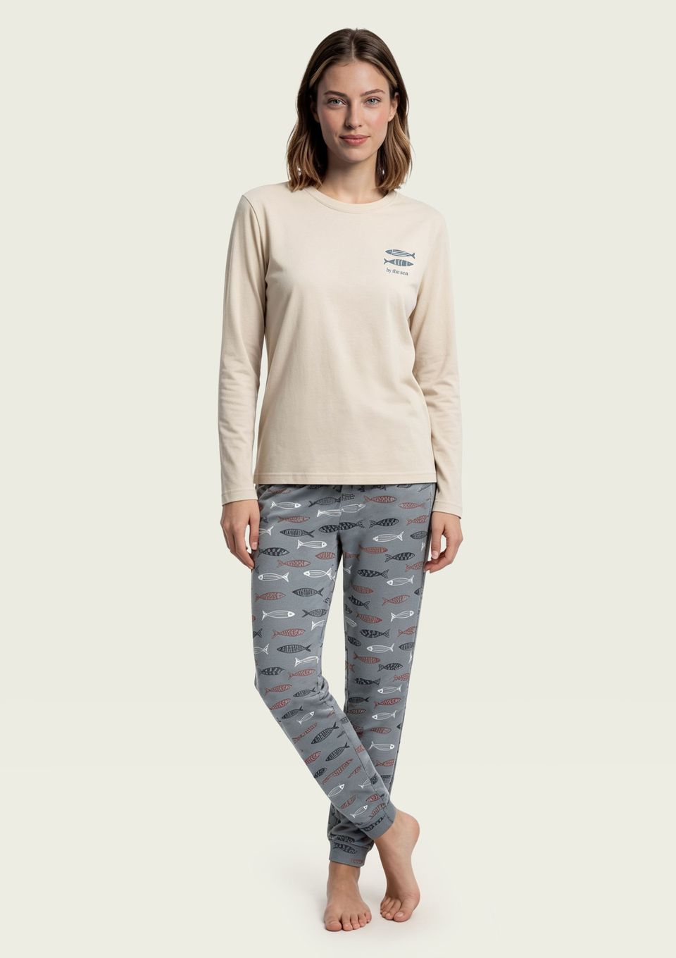 Pijama Longo Feminino Estampado - Off White