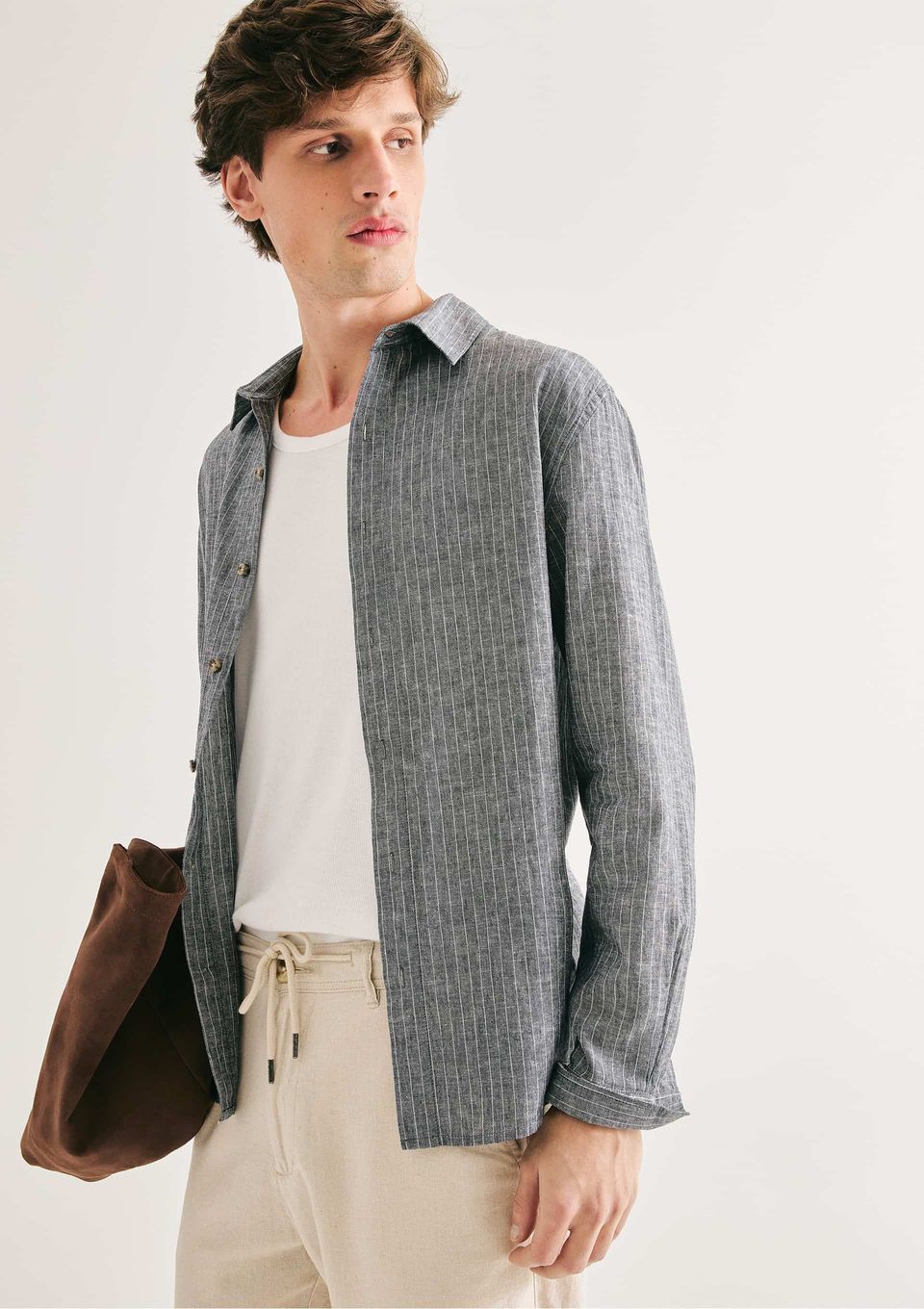 Camisa Masculina Manga Longa Listrada em Linho - Cinza