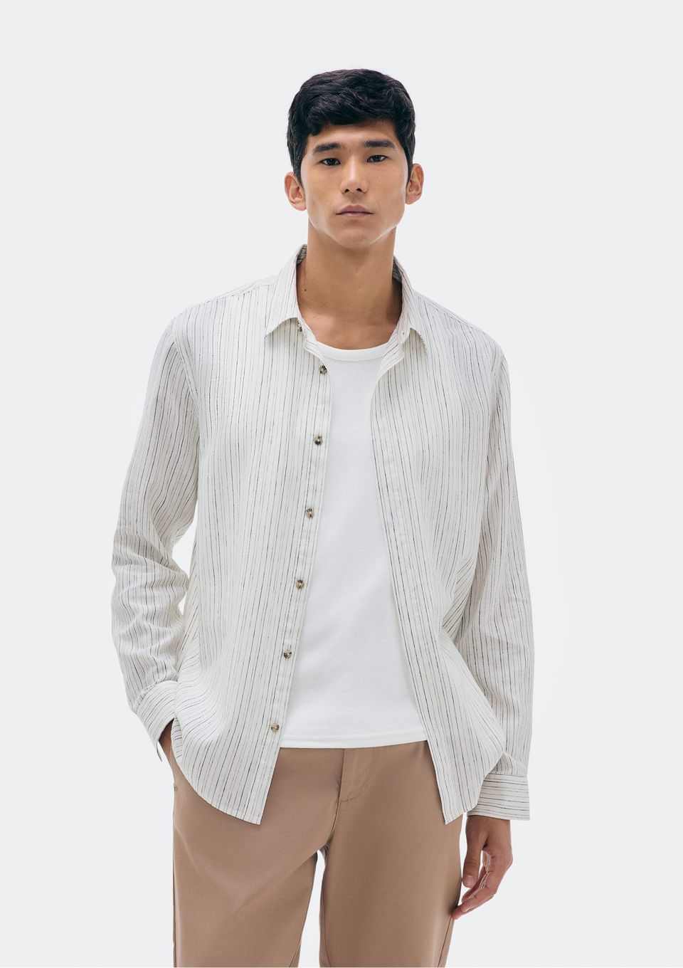 Camisa Masculina Manga Longa Listrada em Linho - Branco