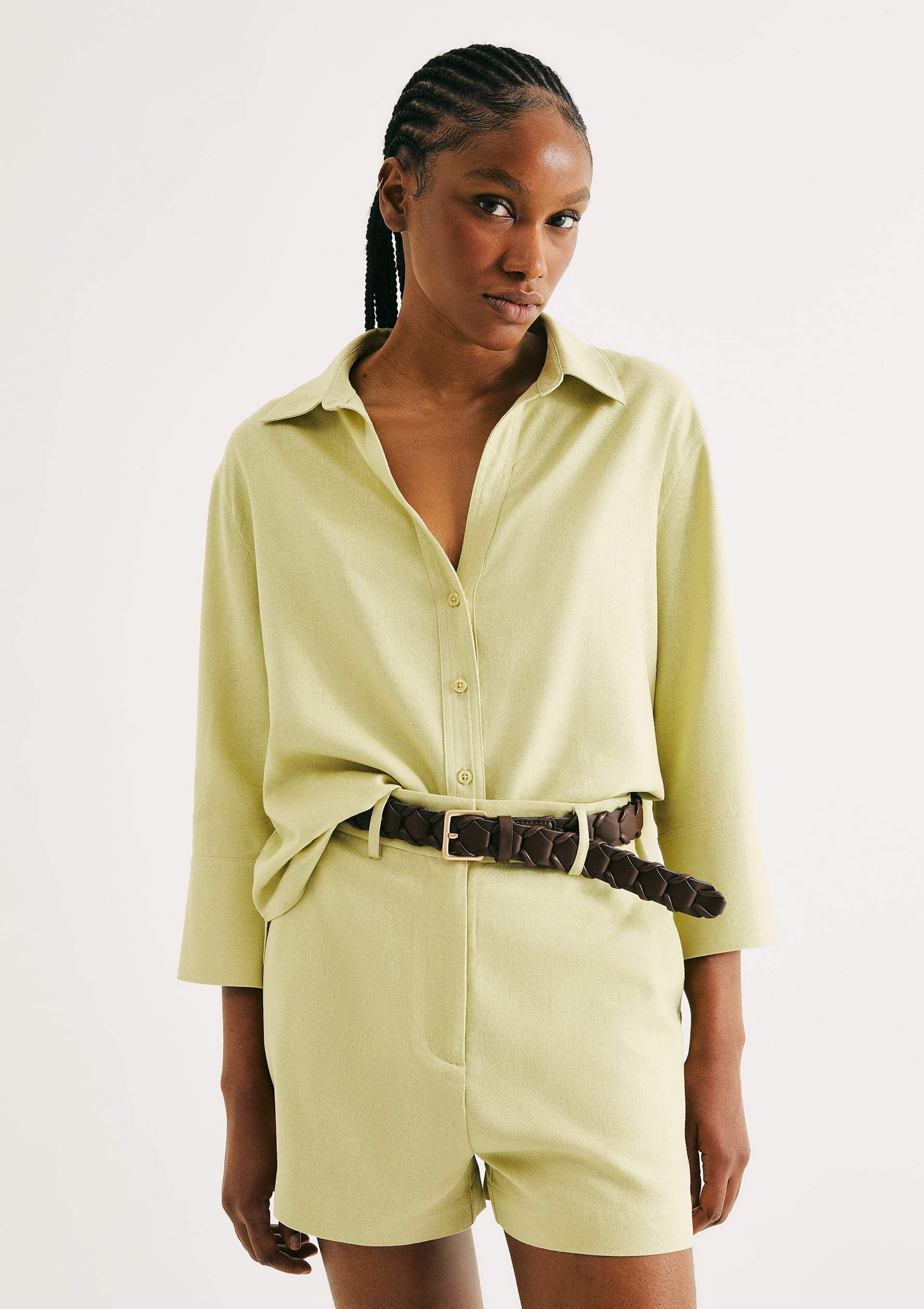 Camisa Feminina Manga 7/8 com Linho - Verde — Hering