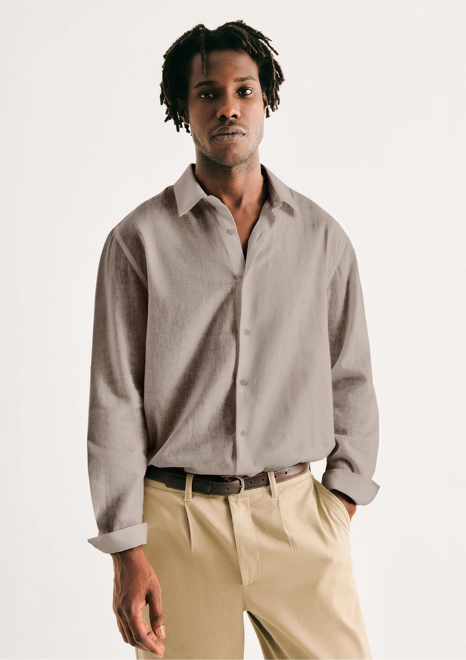 Camisa Masculina Manga Longa Slim com Linho - Bege