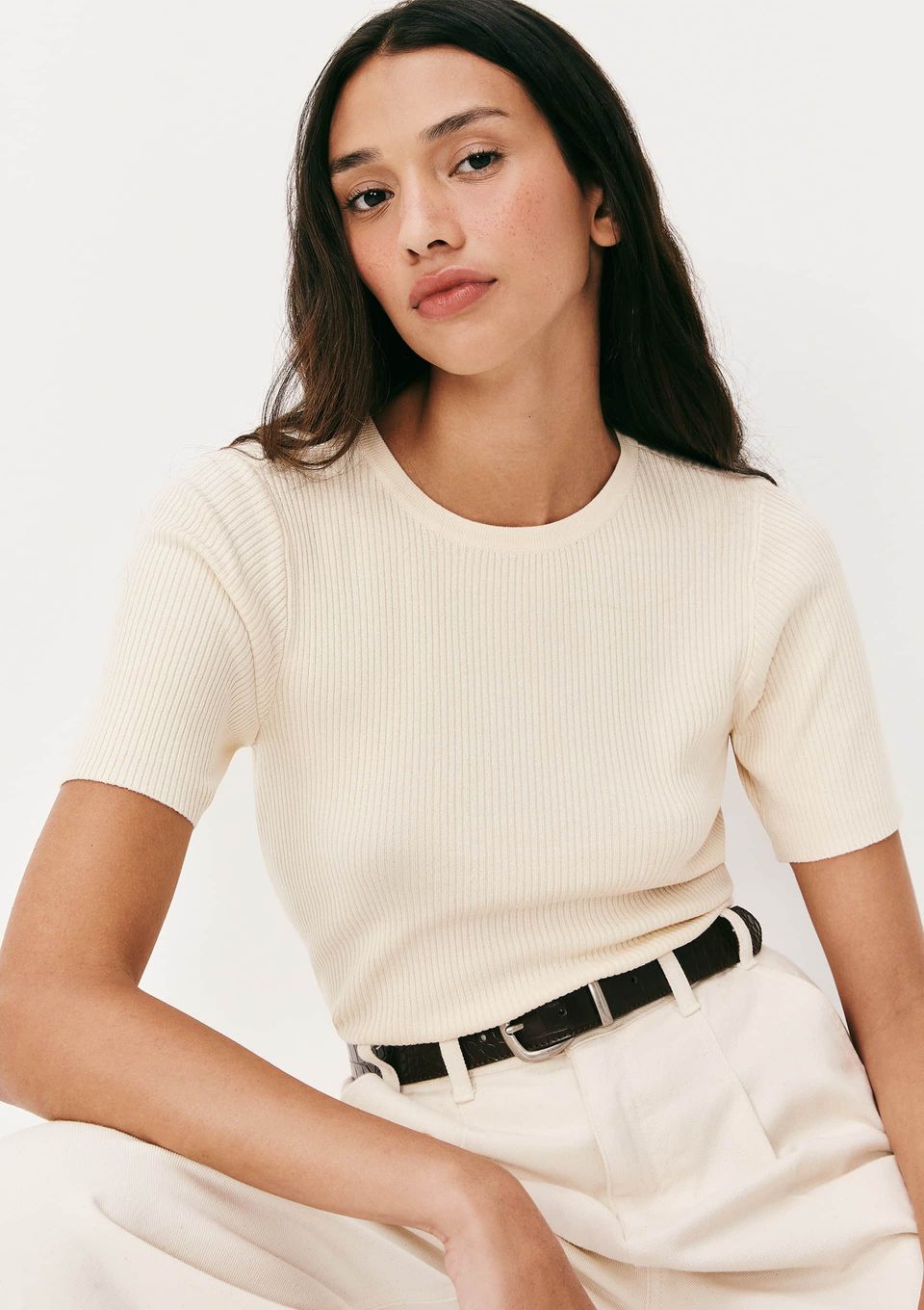 Blusa Feminina Manga Curta Canelada em Tricô - Off White