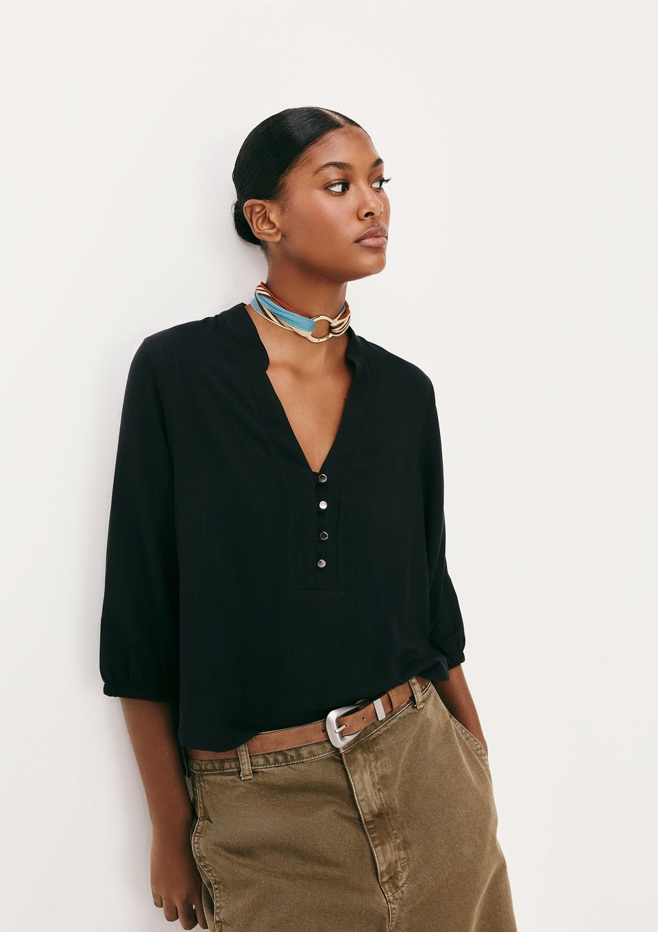 Blusa Básica Feminina Manga 7/8 Bufante - Preto