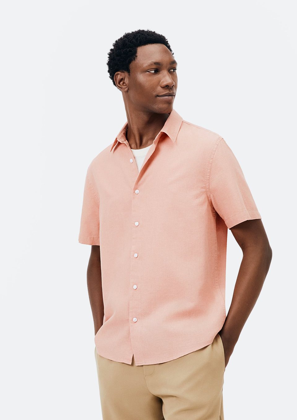 Camisa Masculina Manga Curta Slim com Linho - Rosa