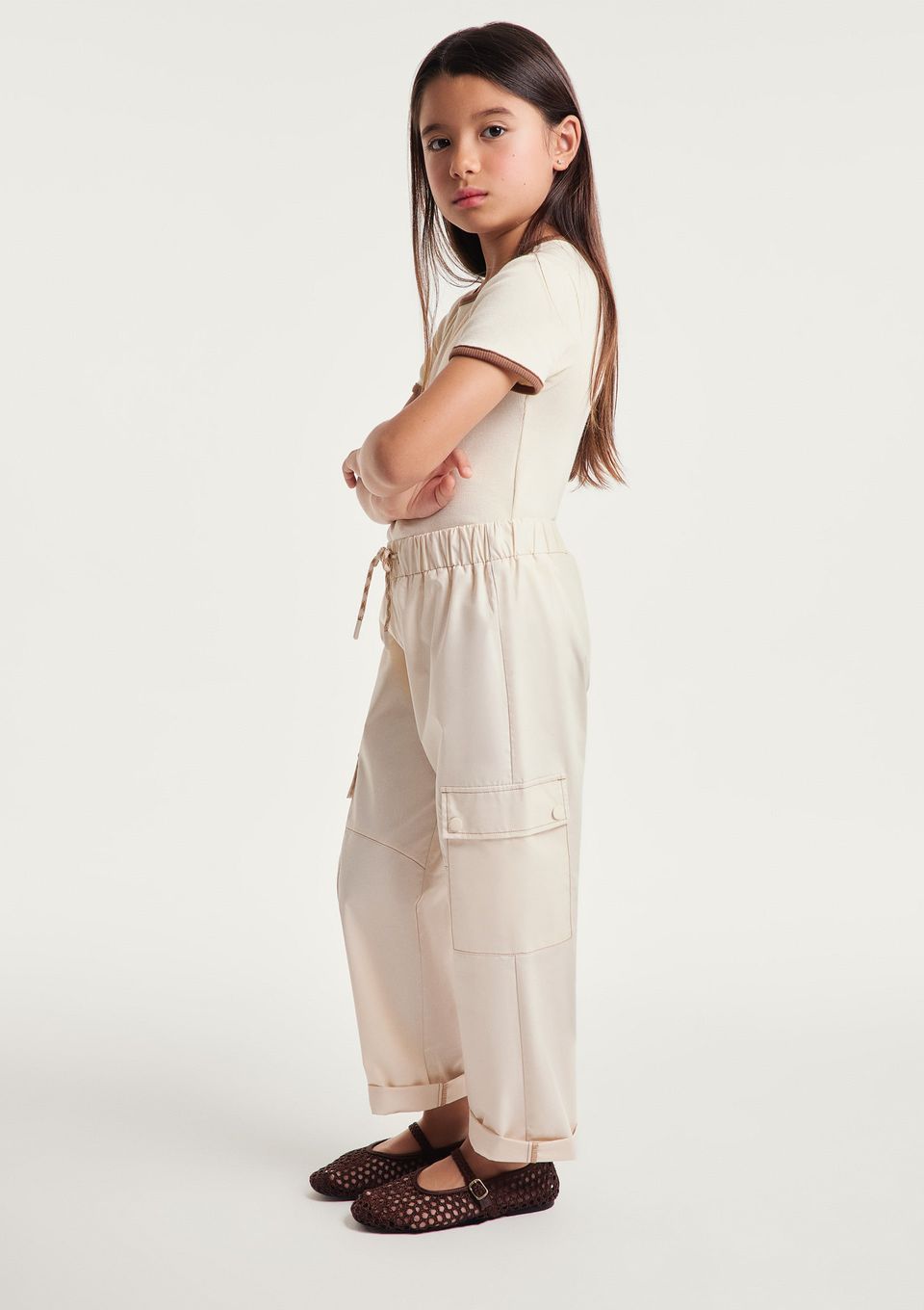 Calça Infantil Menina Cargo Empapelada - Creme
