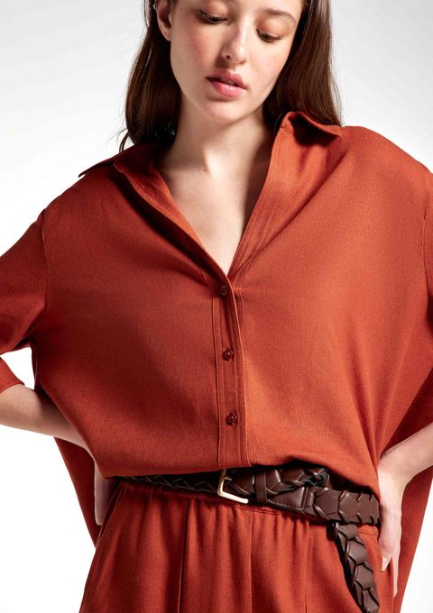 Camisa Feminina Manga 7/8 com Linho - Terracota — Hering