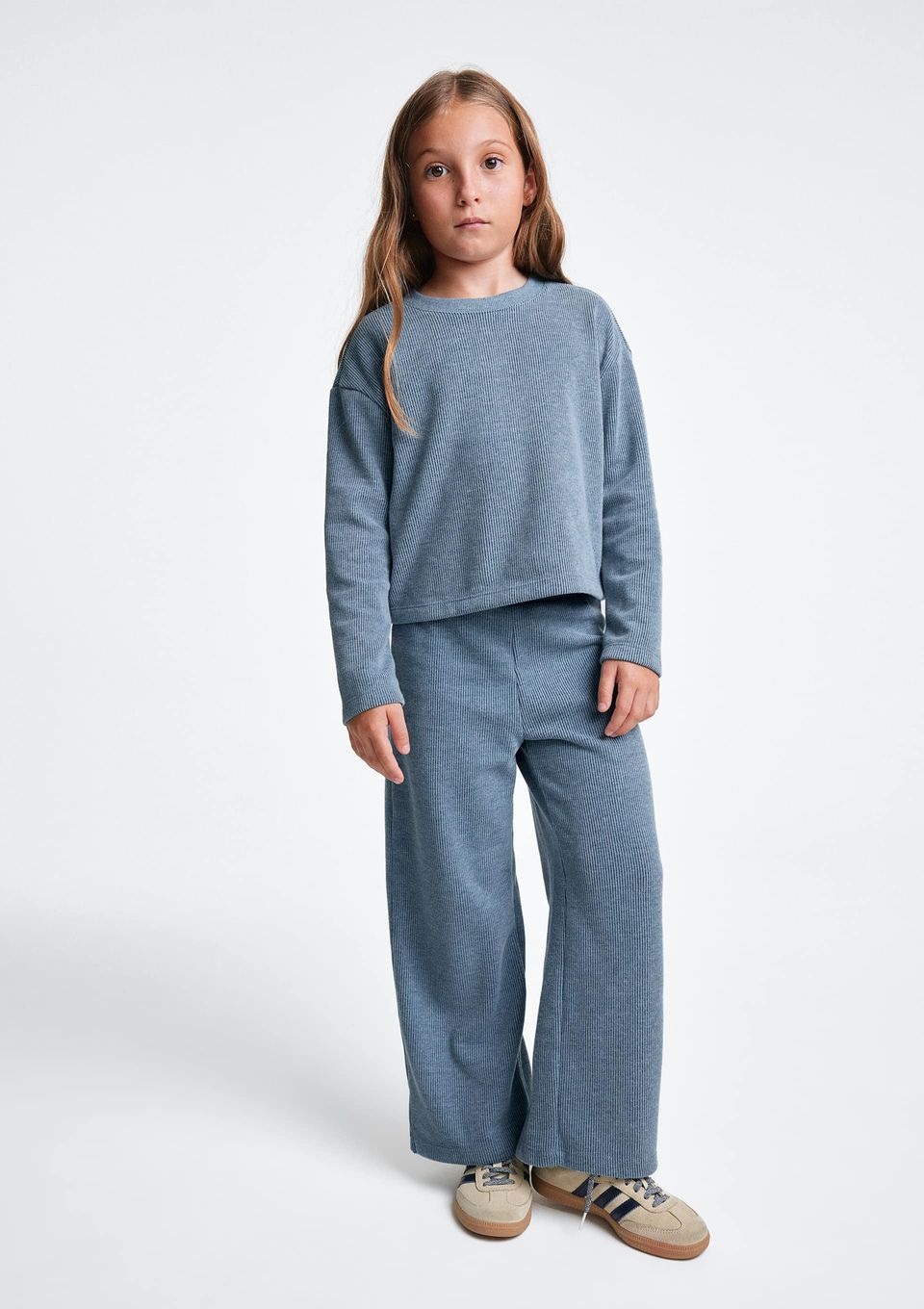 Calça Infantil Menina Wide Leg em Tricô - Azul