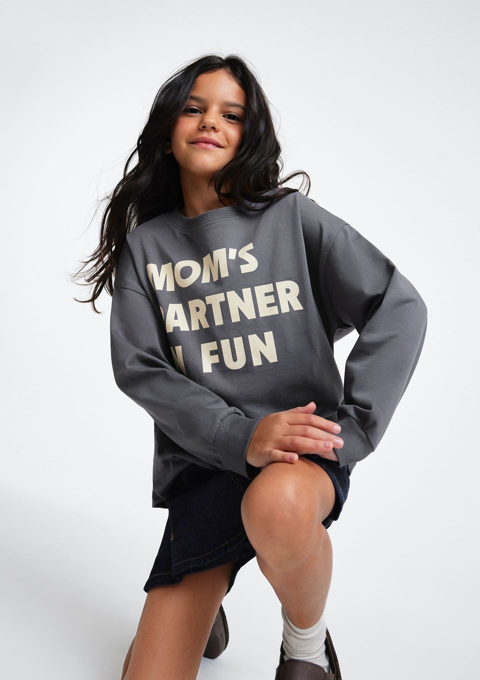 Blusa Infantil Menina Oversized Manga Longa Estampada - Cinza