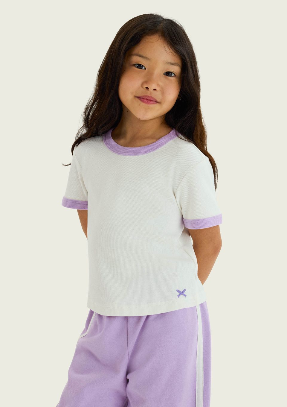 Blusa Infantil Menina Manga Curta em Ribana Canelada - Off White