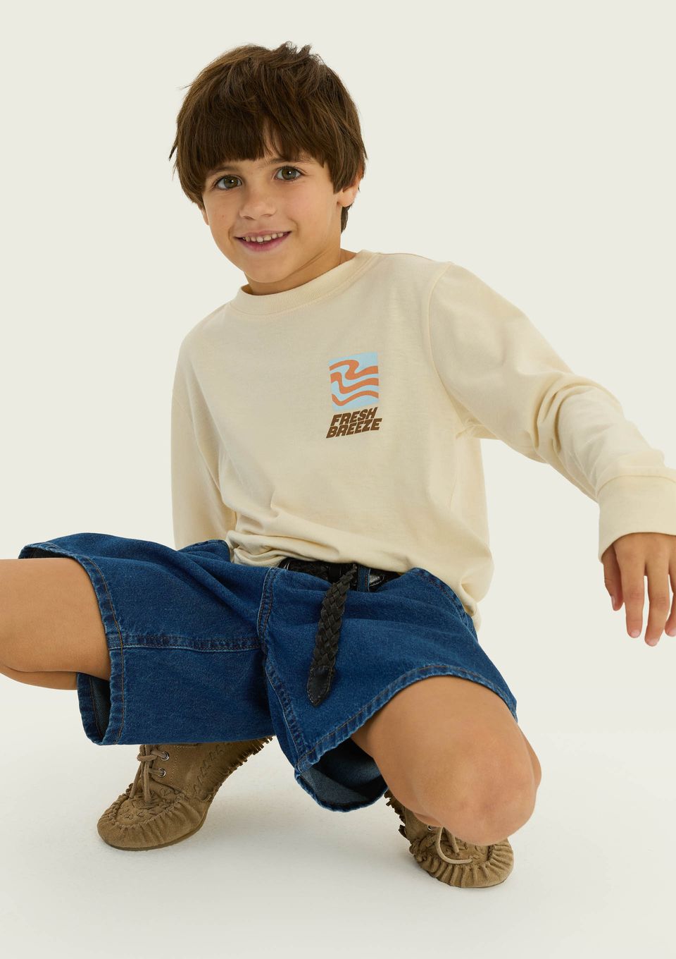 Camiseta Infantil Menino Manga Longa com Estampa - Creme