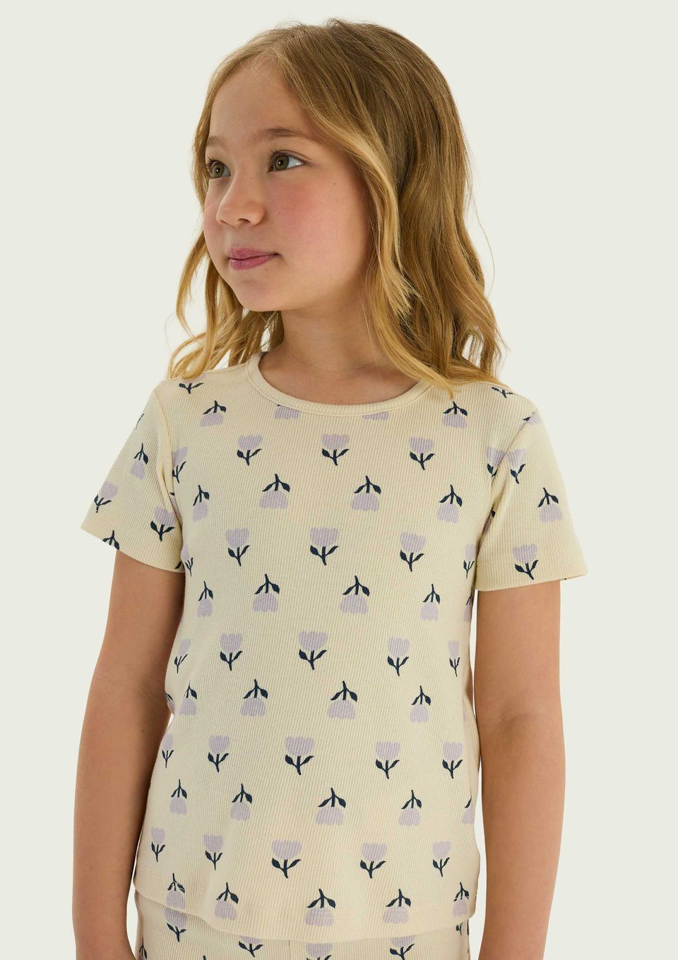 Blusa Infantil Menina Manga Curta em Ribana Estampada - Creme