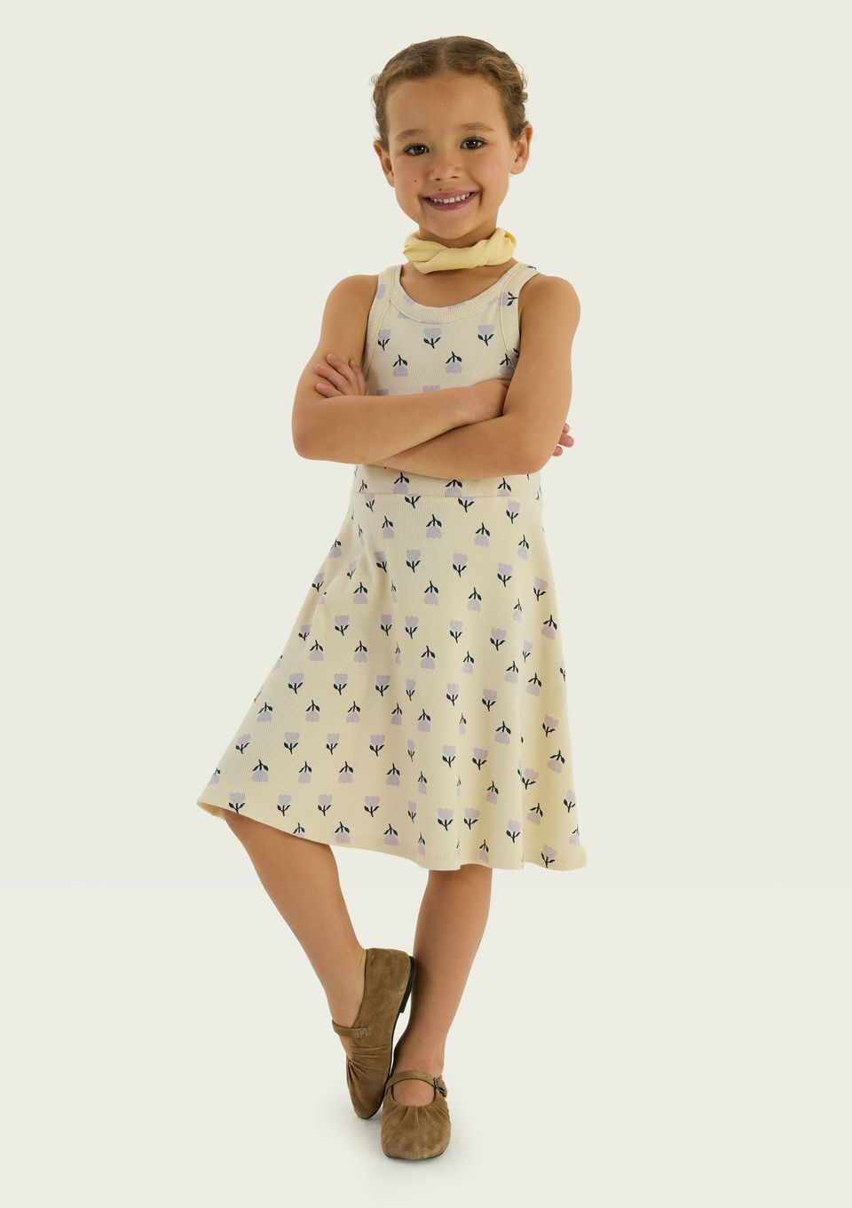 Vestido Infantil Curto em Ribana Canelada - Creme