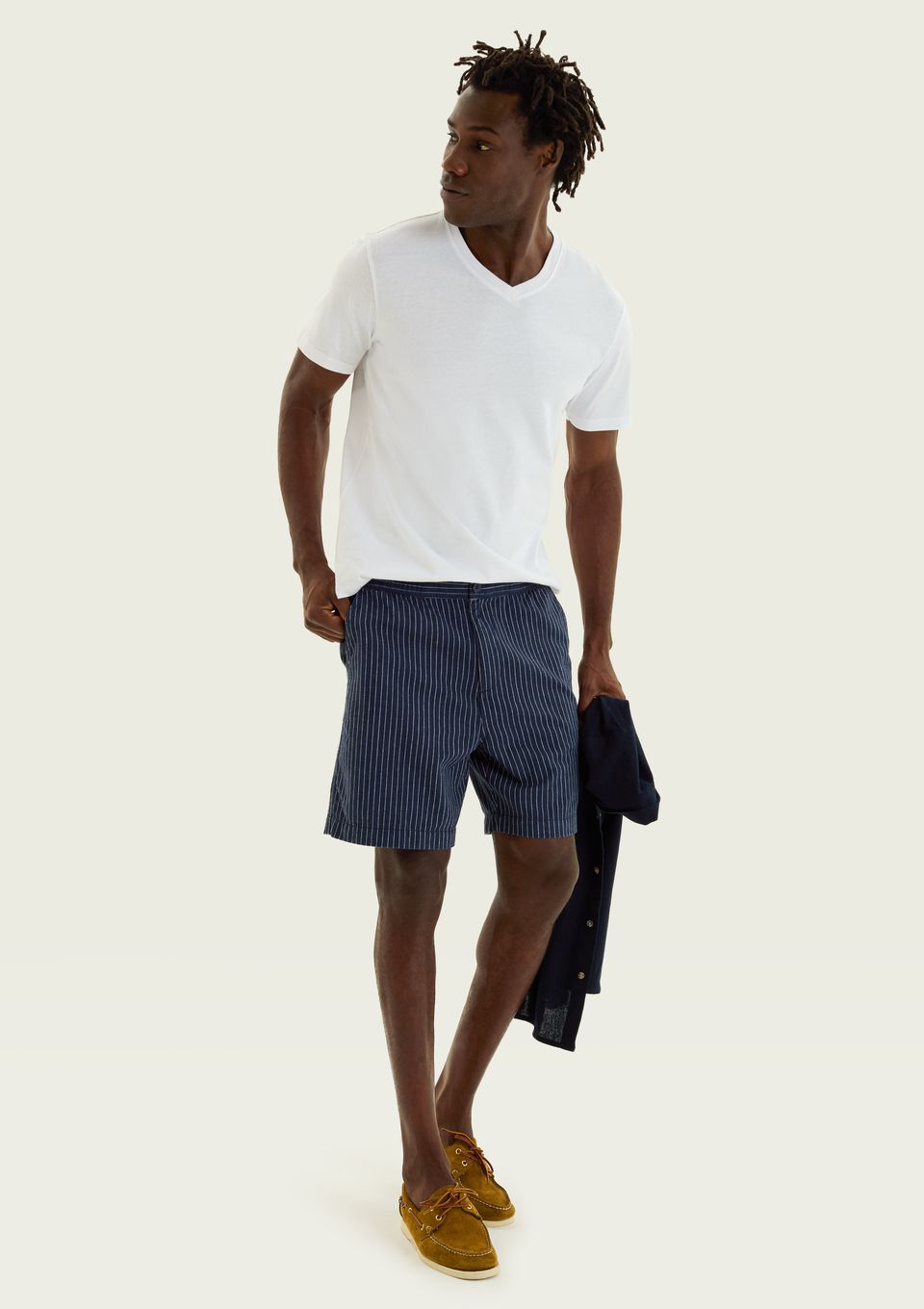 Bermuda Masculina Reta em Jacquard Listrado - Azul