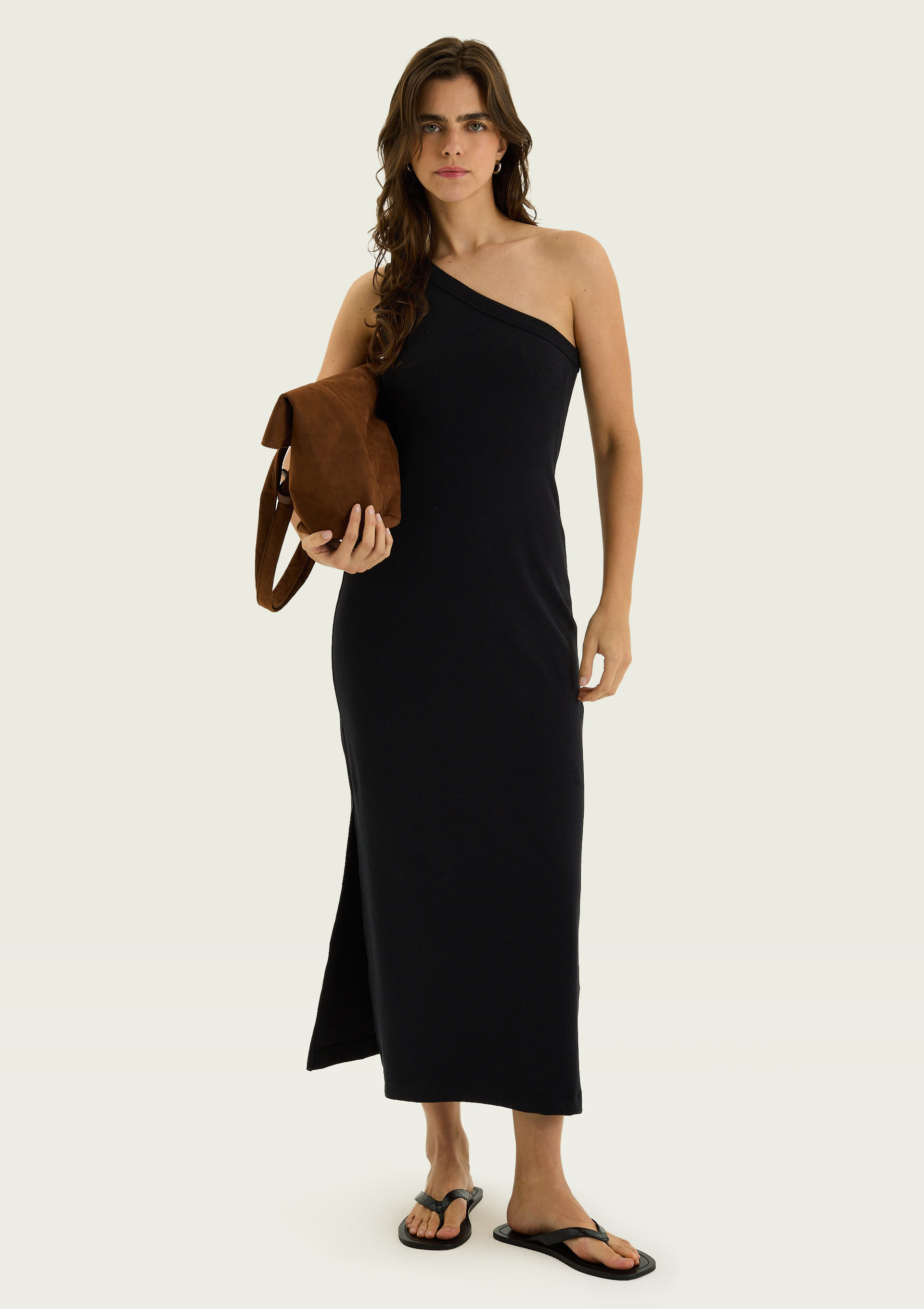 Vestido Midi Um Ombro Só Em Ribana Ultrasoft - Preto