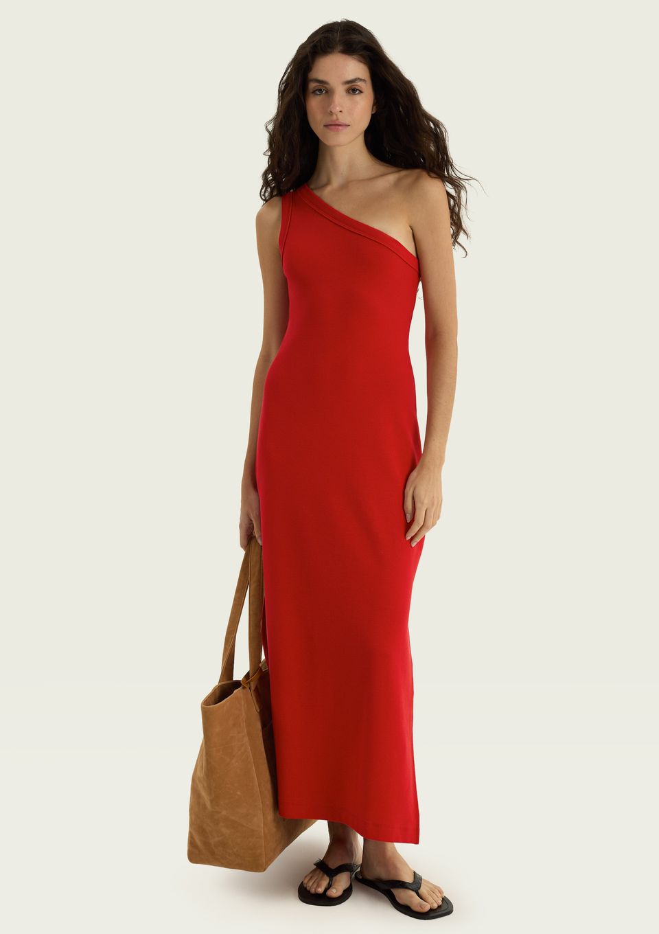 Vestido Midi Um Ombro Só em Ribana Ultrasoft - Vermelho