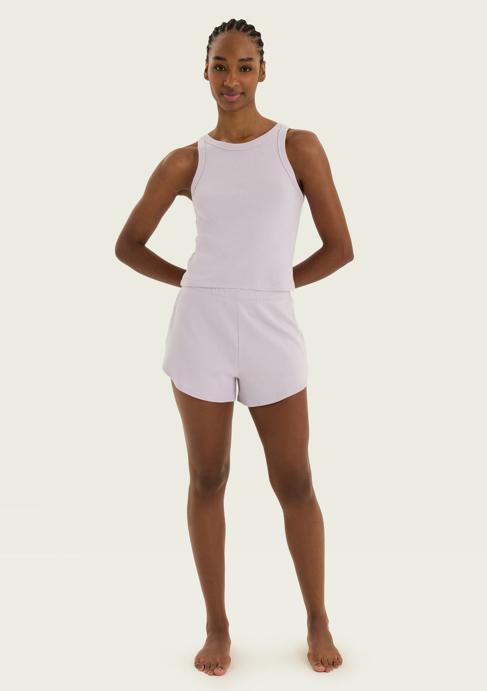 Pijama Curto Feminino Básico em Ribana Canelada - Lilás