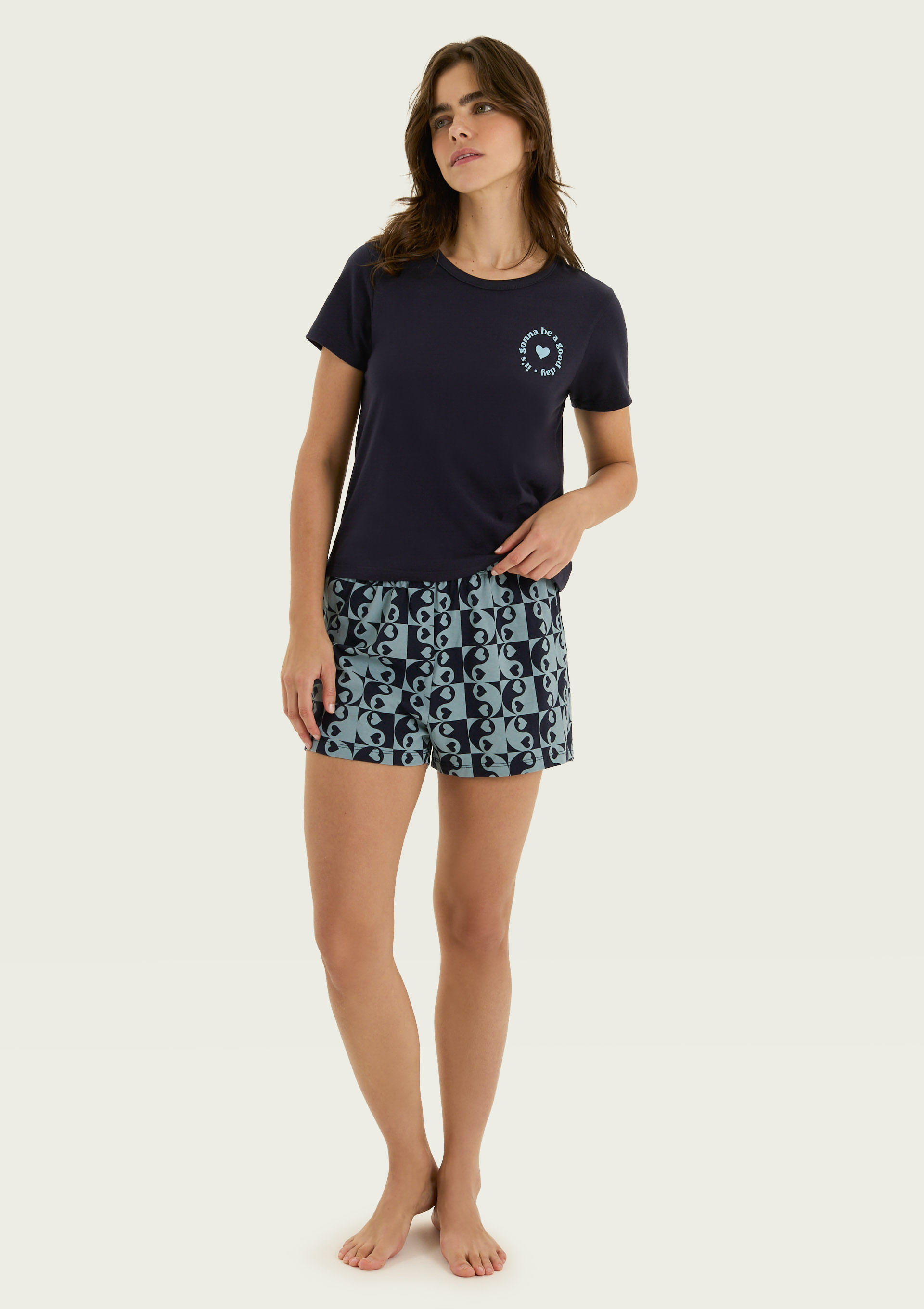Pijama Curto Feminino Estampado - Azul