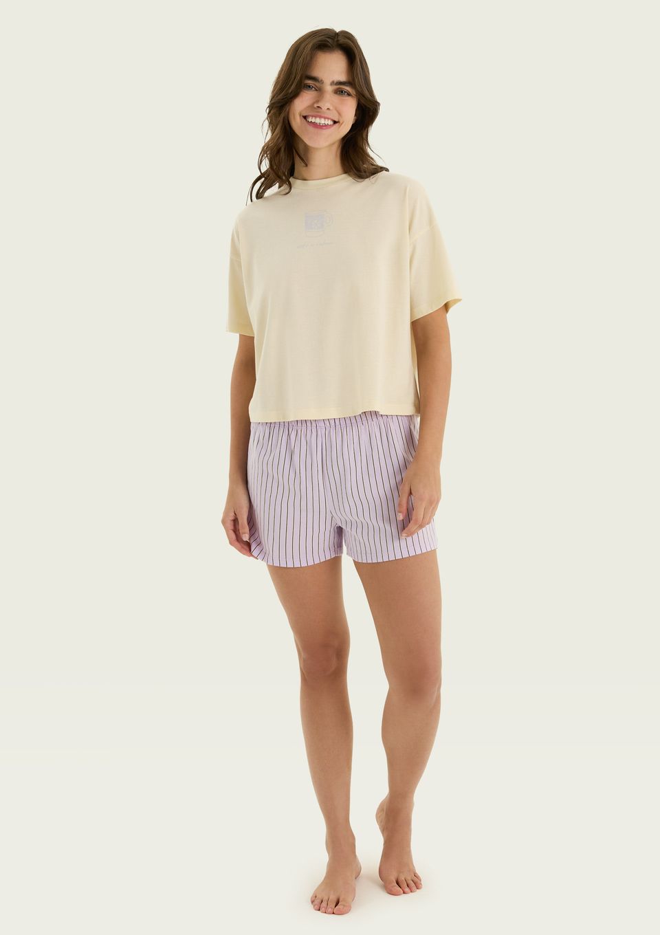 Pijama Curto Feminino Box Estampado - Creme