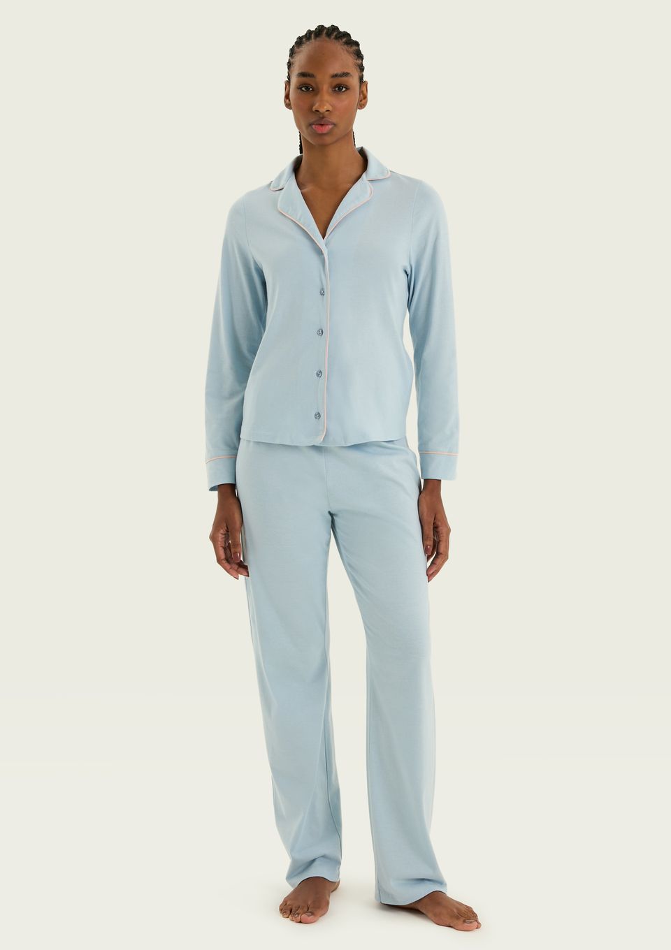 Pijama Longo Feminino com Botões - Azul