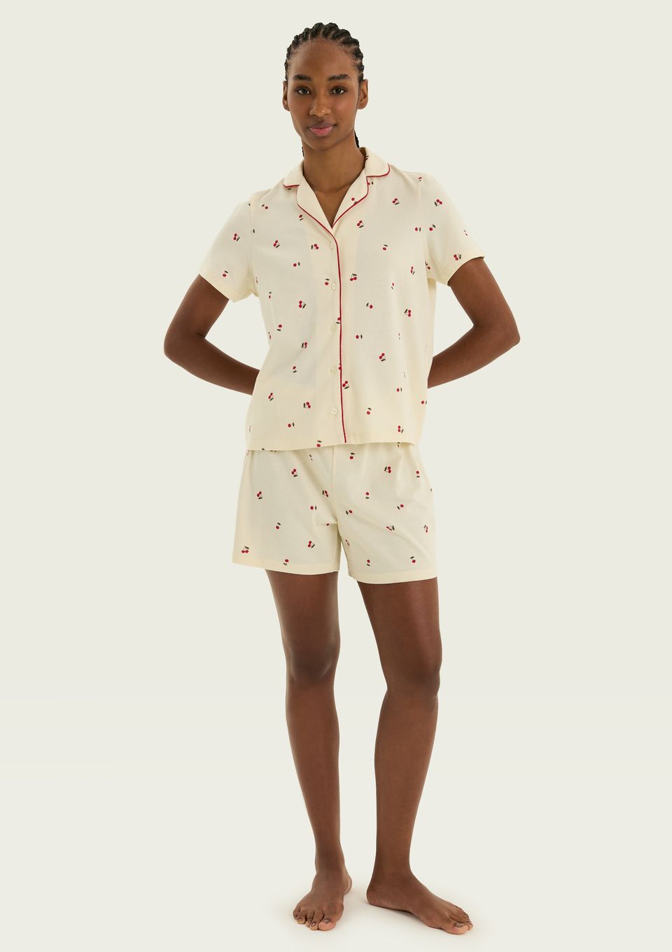 Pijama Curto Feminino Americano Estampado - Creme