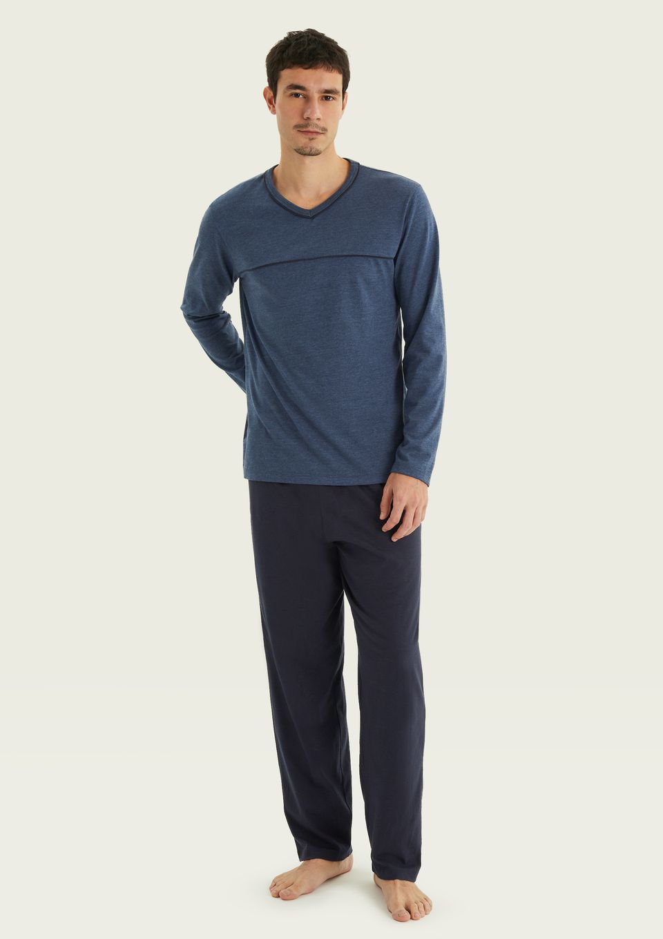 Pijama Masculino Longo com Decote V - Azul