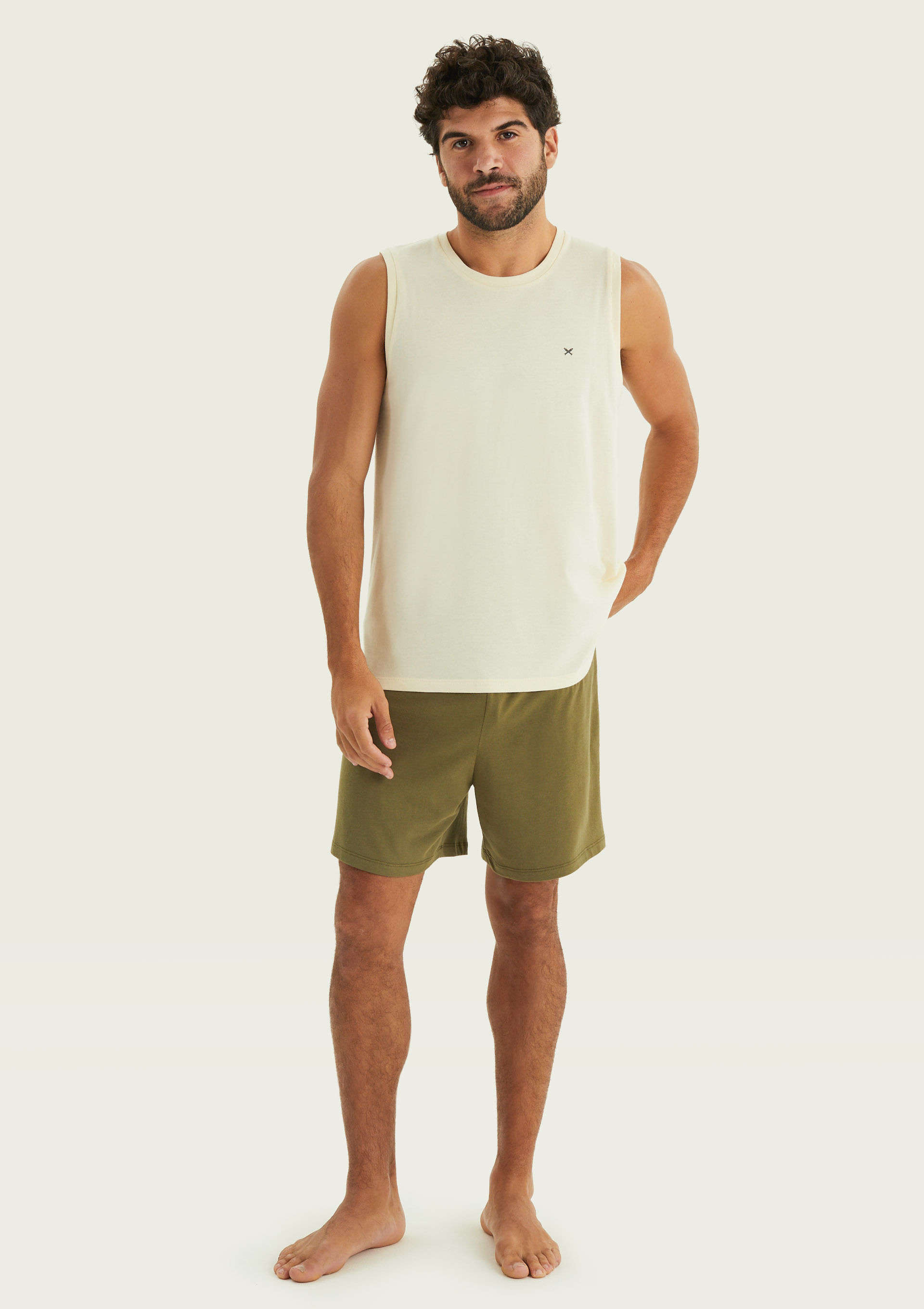 Pijama Curto Masculino Em Malha De Algodão - Creme