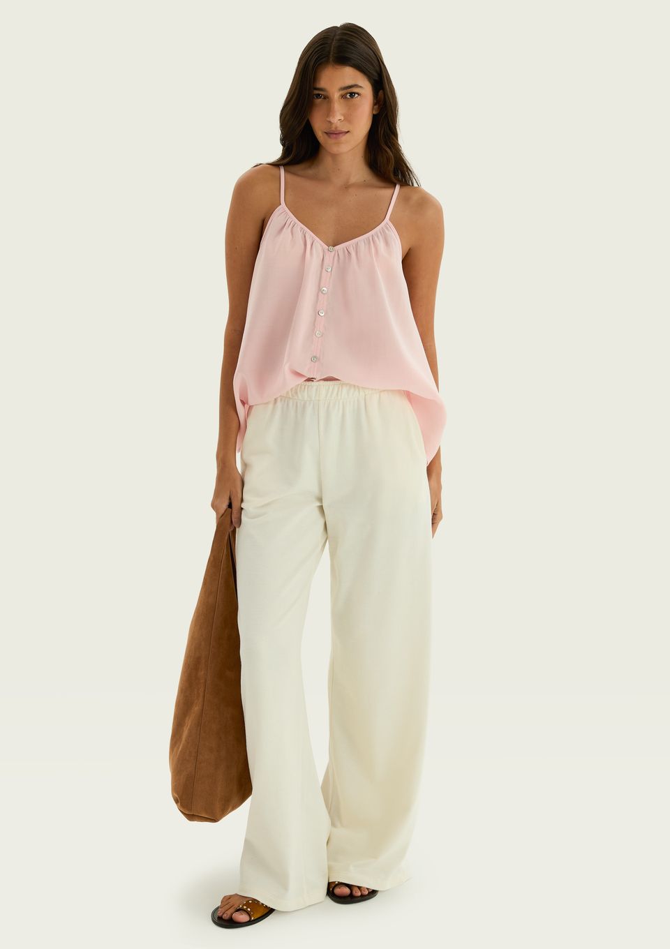 Calça Feminina Reta em Malha Texturizada - Off White