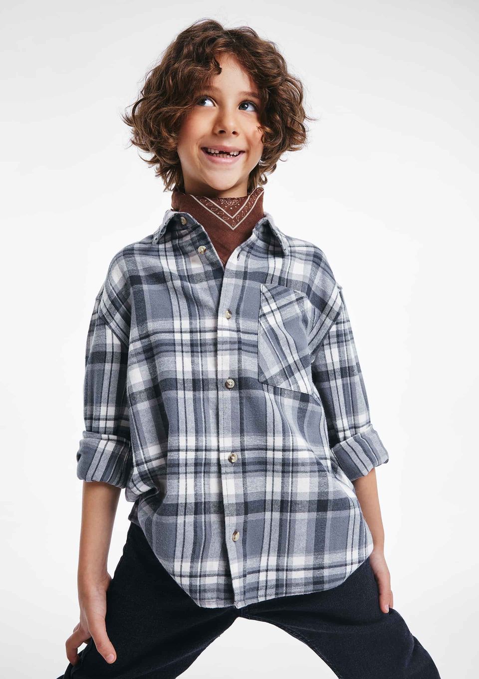Camisa Infantil Menino Manga Longa Flanelada Xadrez - Azul