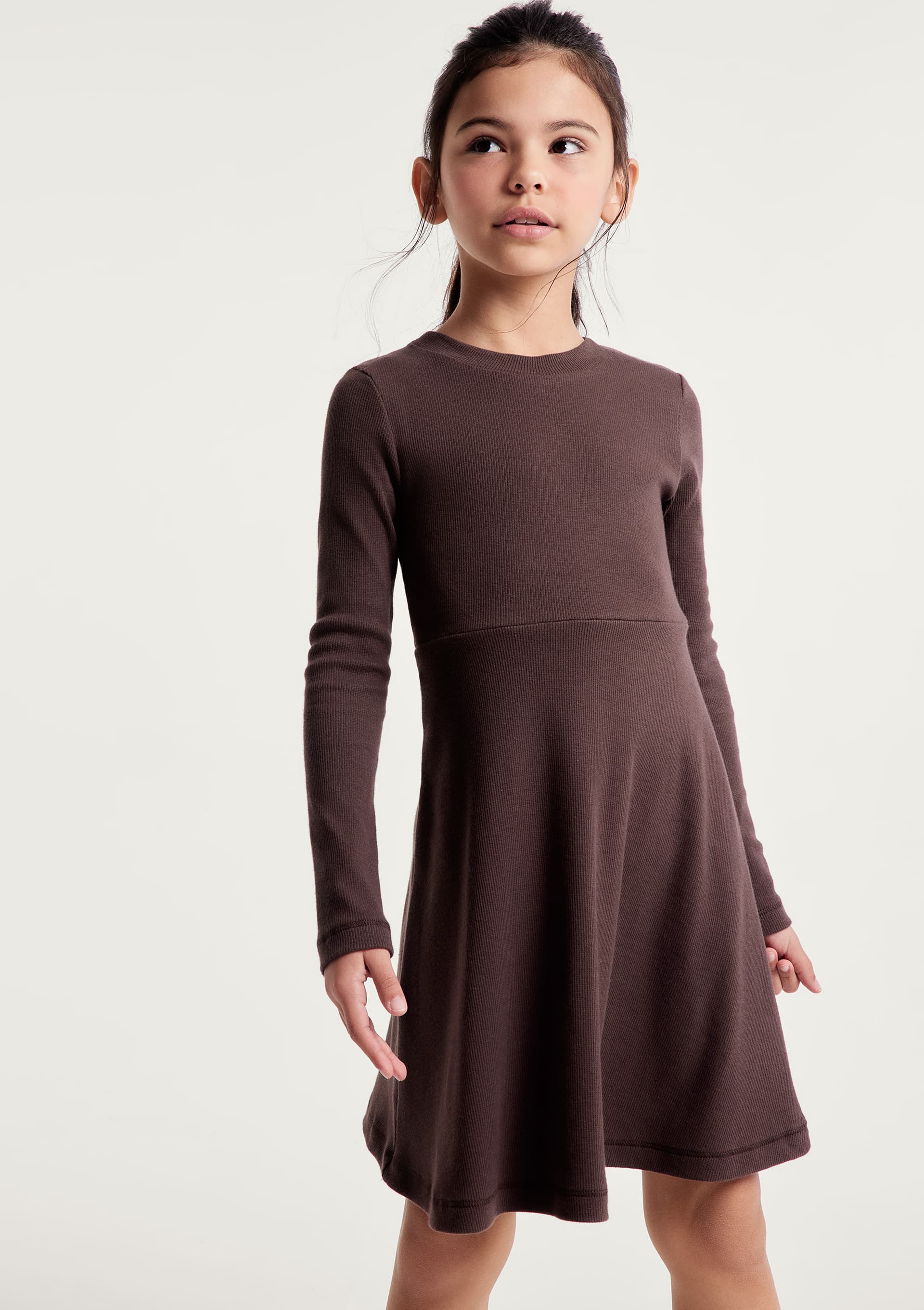Vestido Infantil Evasê em Ribana Canelada - Marrom — Hering