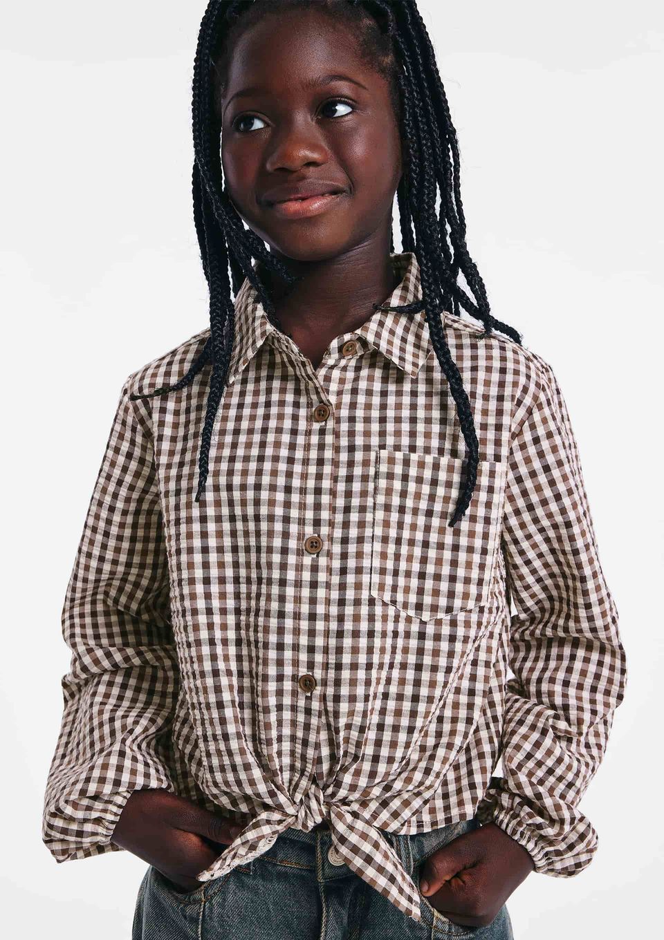 Camisa Infantil Menina em Tricoline Fio Tinto Xadrez - Marrom
