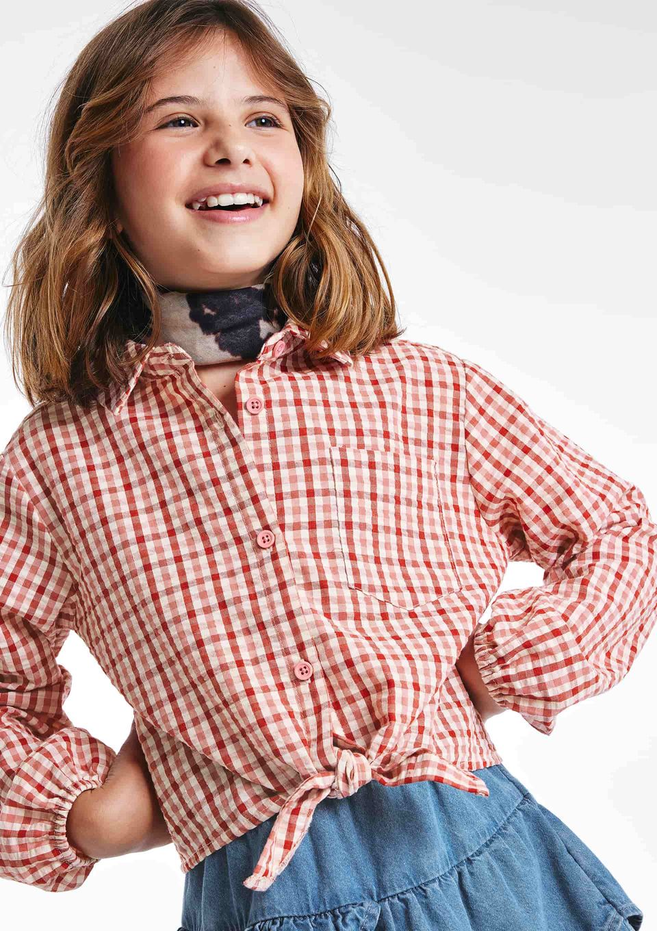 Camisa Infantil Menina em Tricoline Fio Tinto Xadrez - Rosa