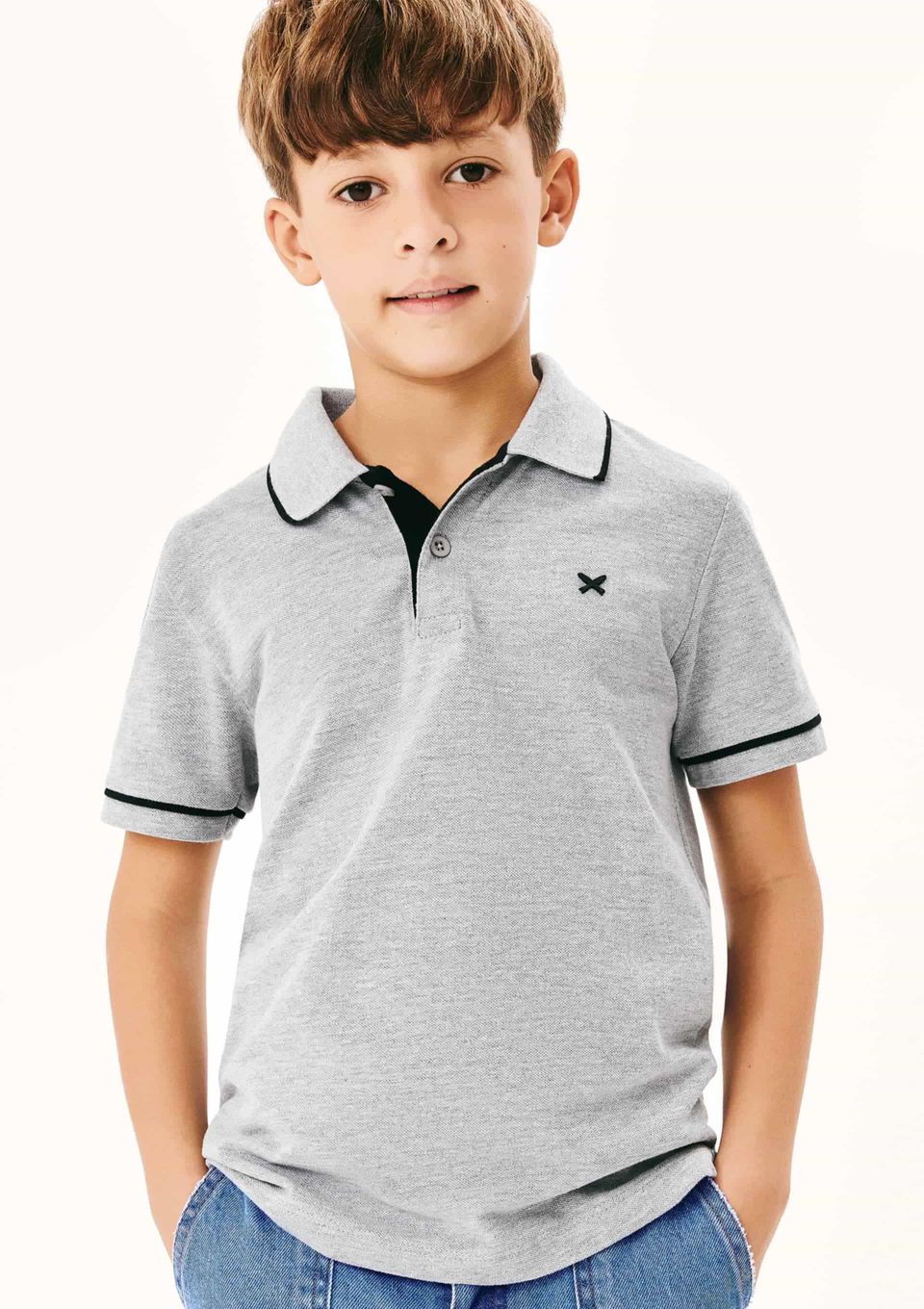 Camisa Polo Básica Menino de Algodão com Bordado - Cinza