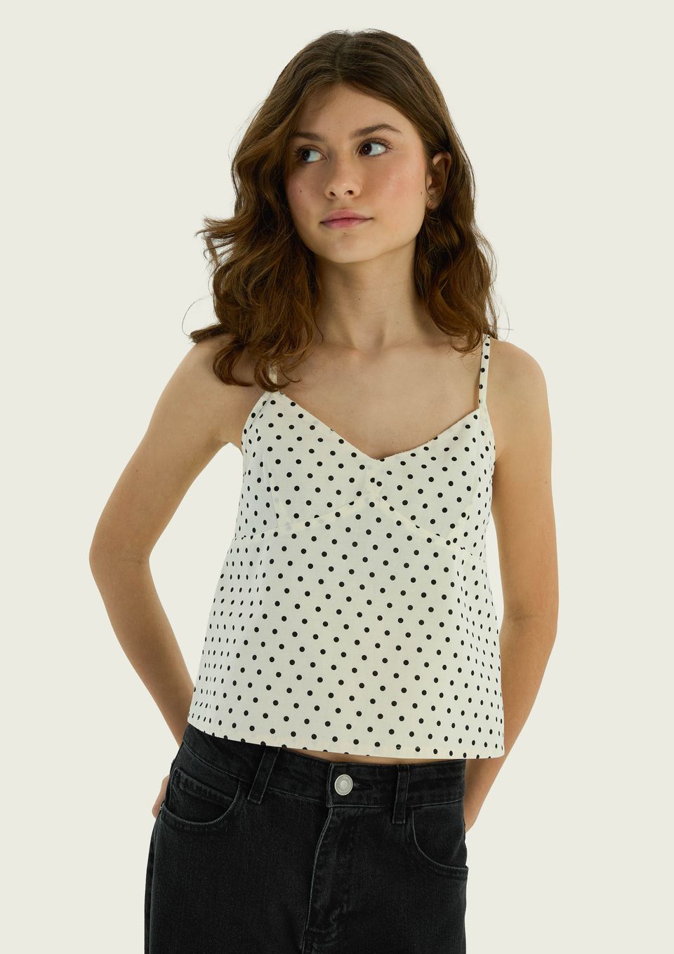 Regata Teen Alças Finas Estampada Decote V - Off White