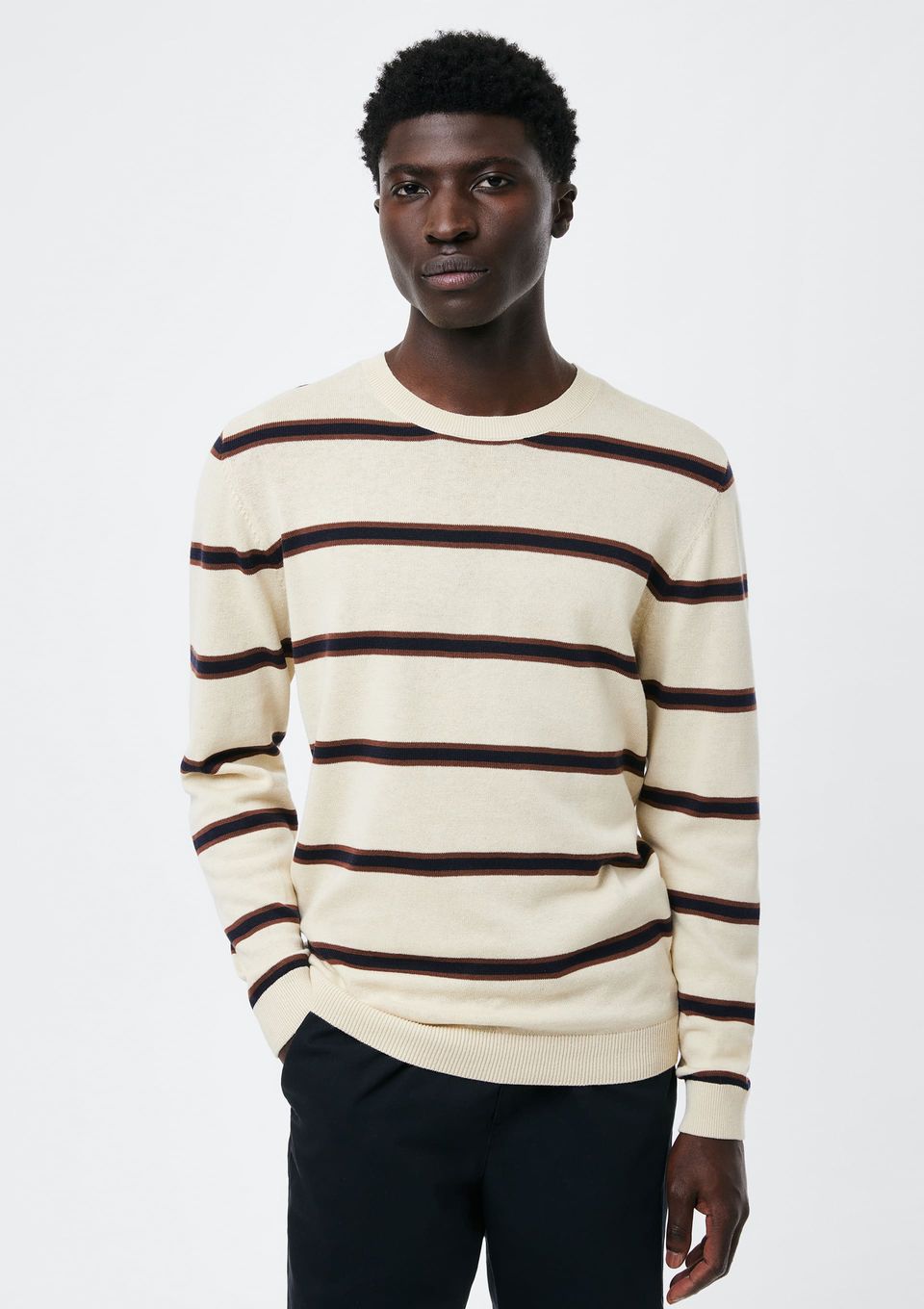 Blusão Básico Masculino Listrado em Tricô - Off White