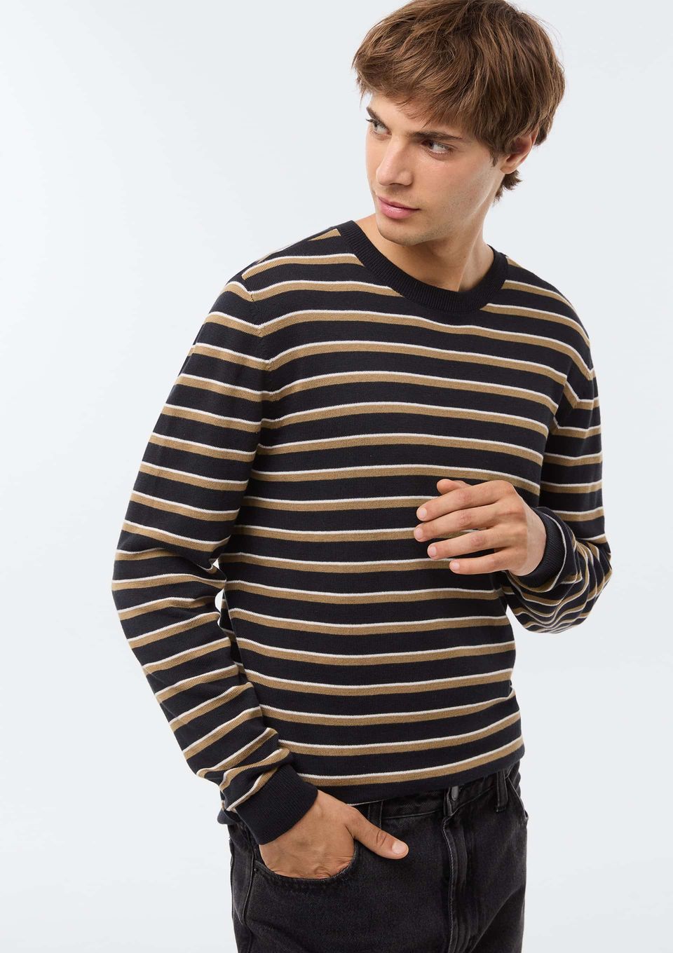 Blusão Básico Masculino Listrado em Tricô - Azul