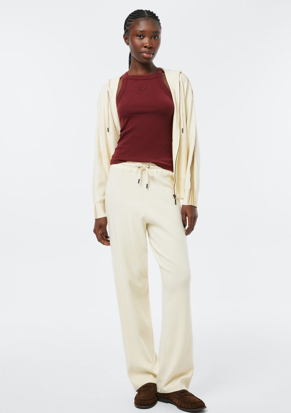 Calça Feminina Reta em Tricô com Listras Laterais - Off White