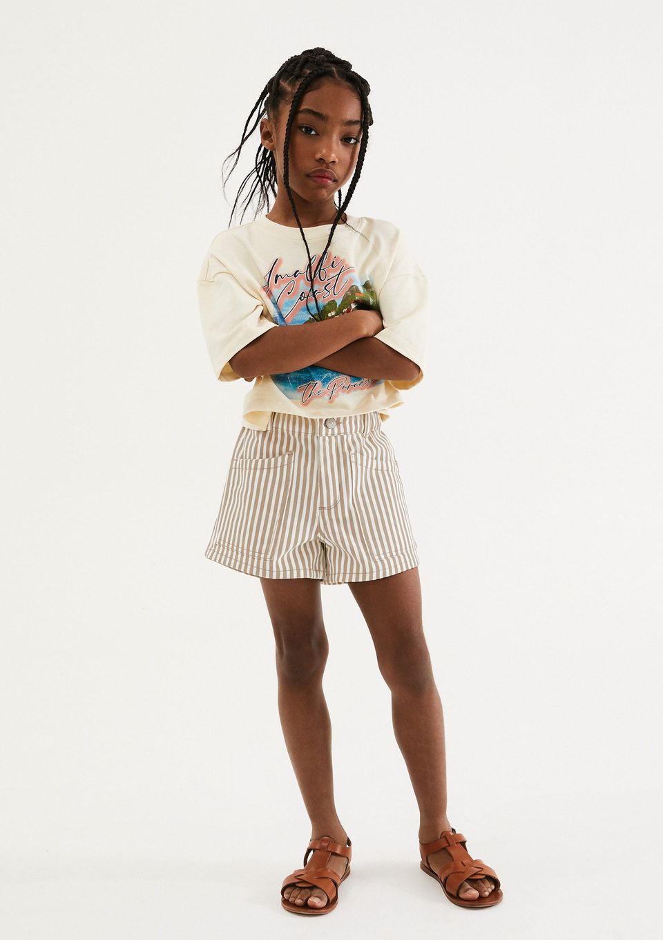 Shorts Infantil Menina Listrado em Sarja - Creme