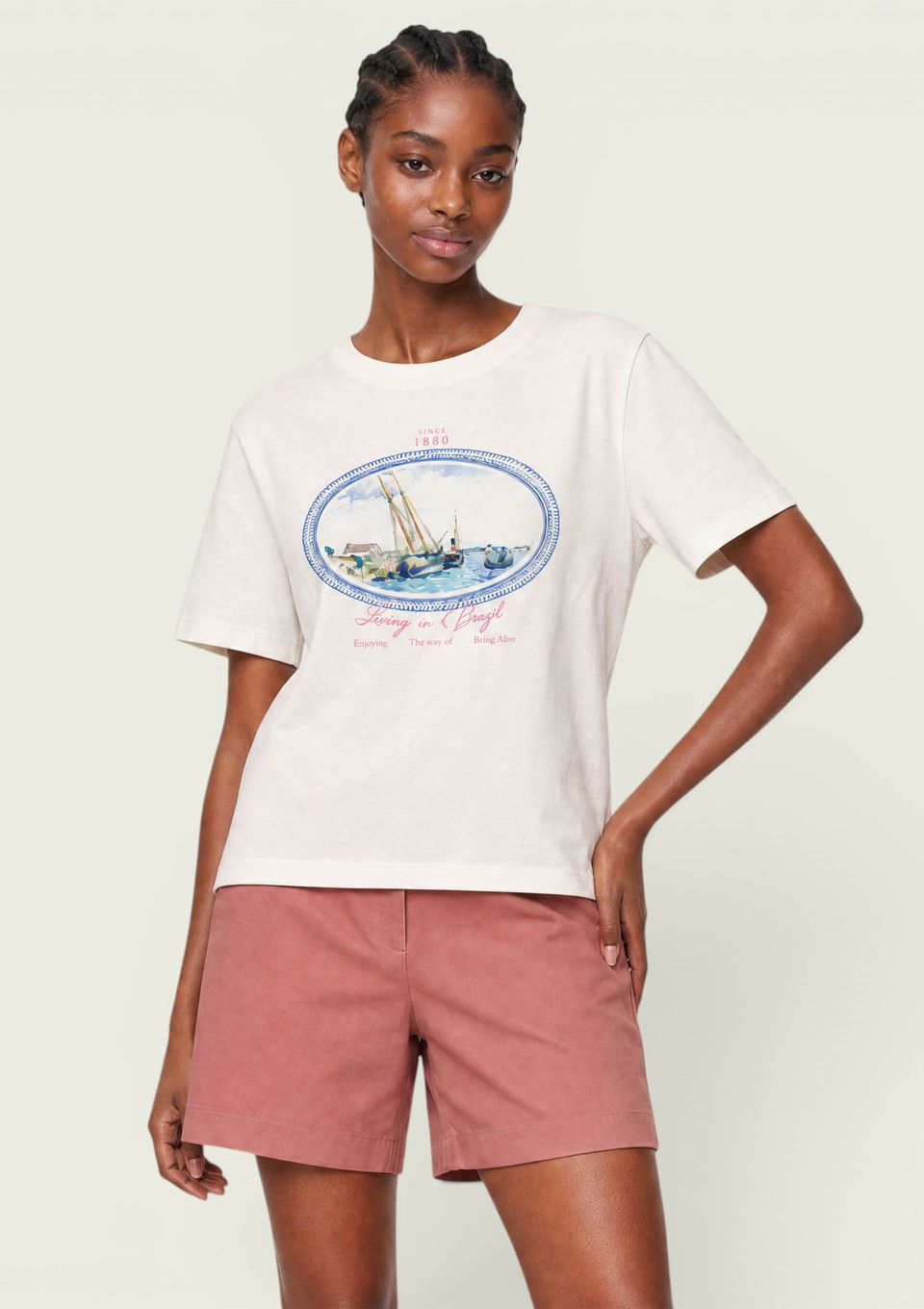 Blusa Feminina Manga Curta Estampada - Off White