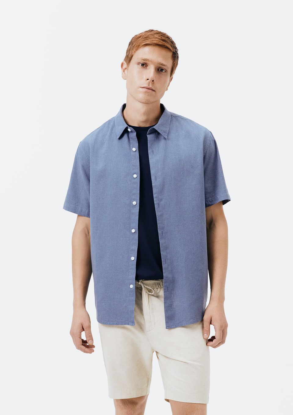 Camisa Masculina Manga Curta Slim com Linho - Azul