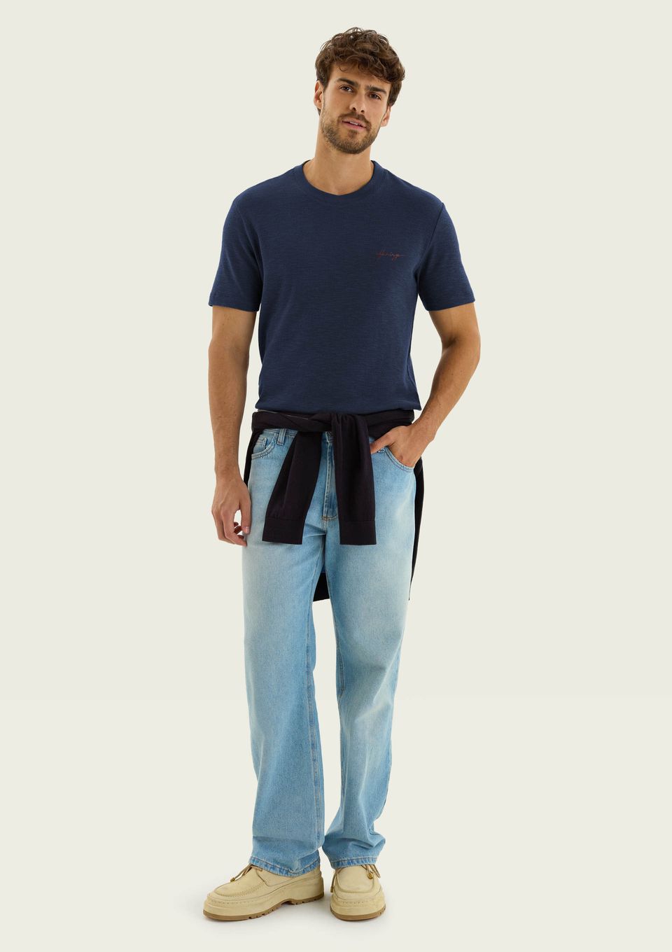 Camiseta Masculina Manga Curta com Bordado - Azul